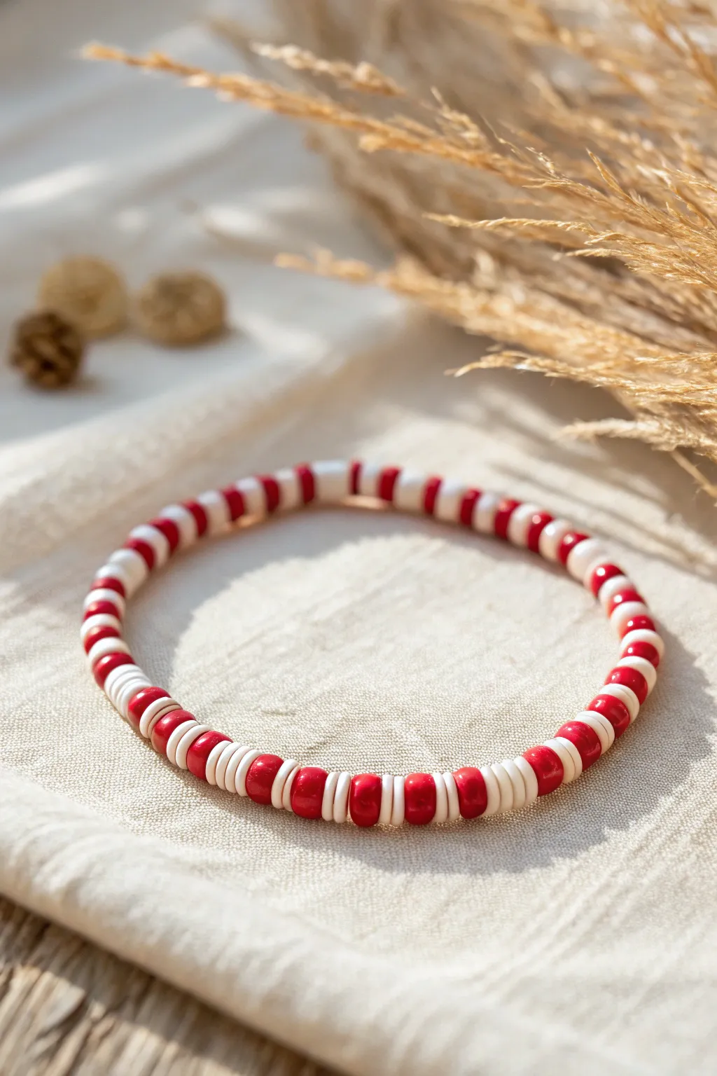 Sweet candy cane stripes in red and white heishi beads, a simple festive bracelet with clean lines.