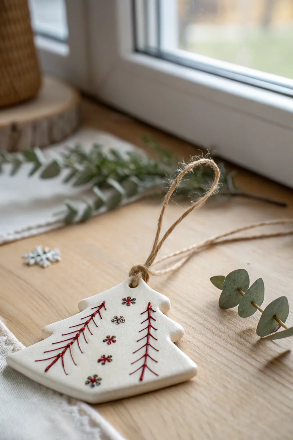 Classic cookie-cutter clay tree ornament in matte red, green, and white with simple twine hanger