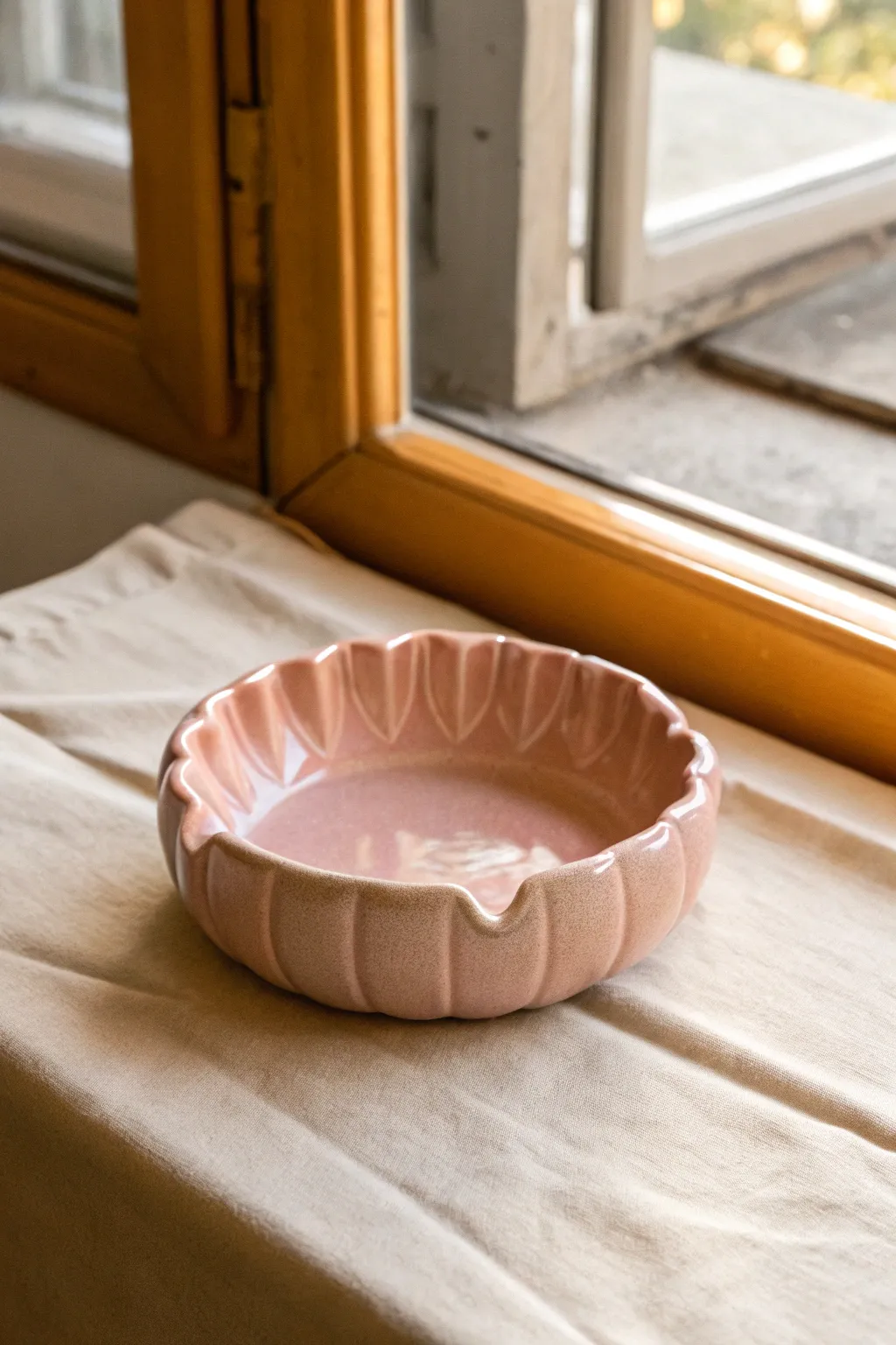 Glossy pastel scalloped ashtray with subtle rests, styled simply on warm neutral linen.