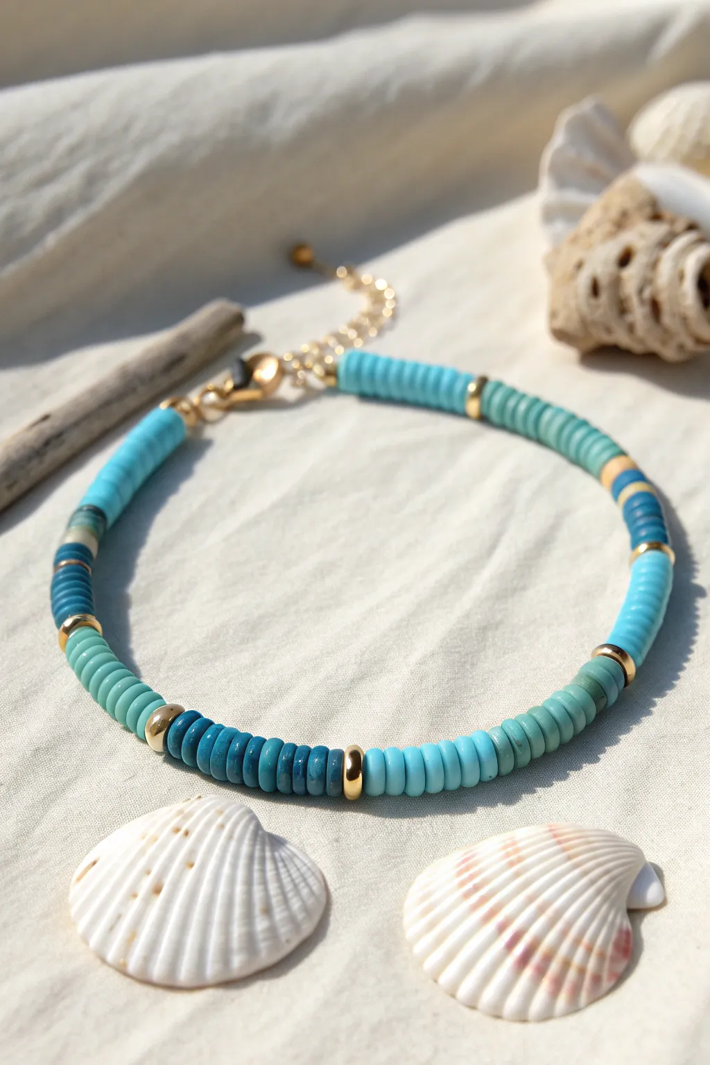 Ocean blue and seafoam heishi bracelet with shell and driftwood for effortless beach vibes