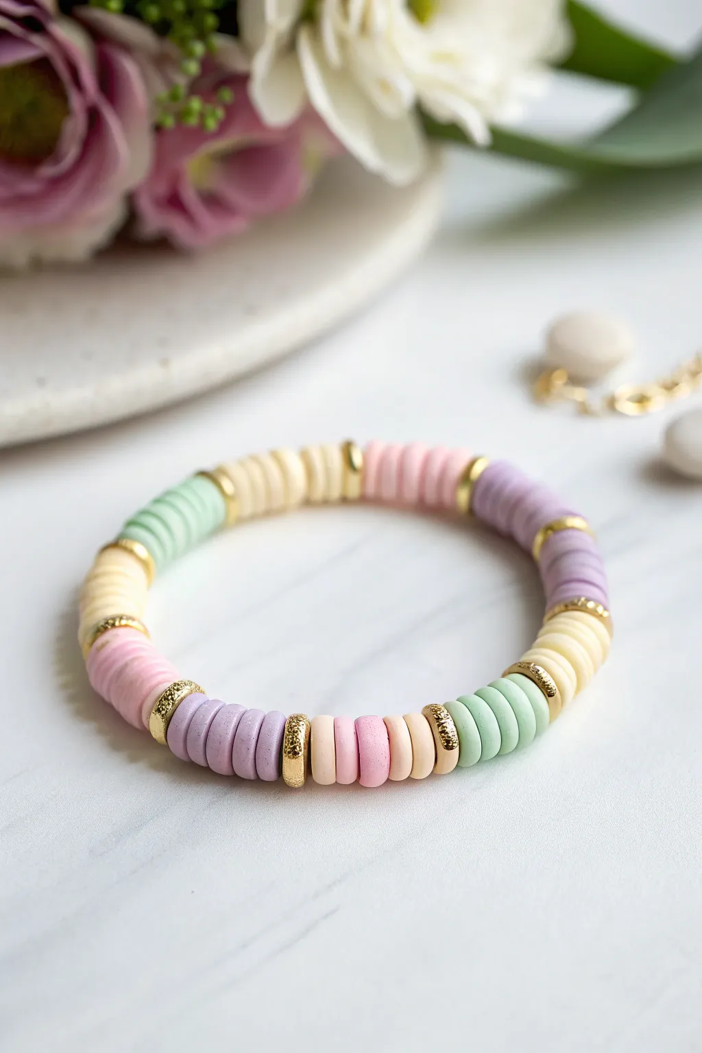 Color-blocked pastel heishi clay beads in a simple circle bracelet, minimal and sweet.
