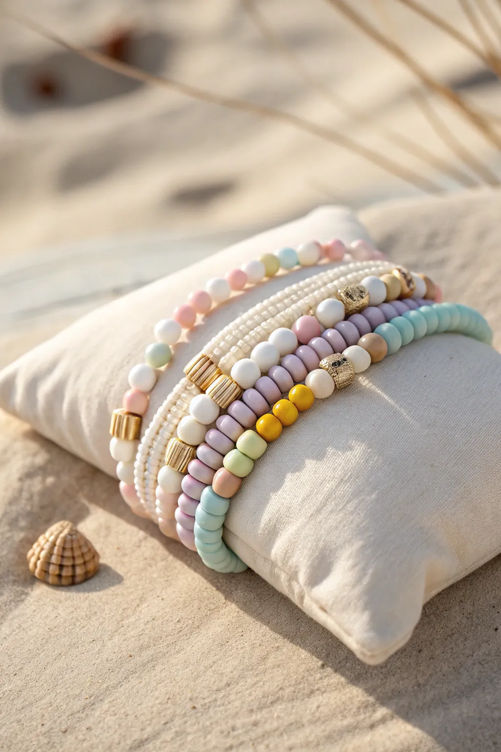 Classic pastel rainbow clay heishi bracelet stack in warm golden light, simple and sweet
