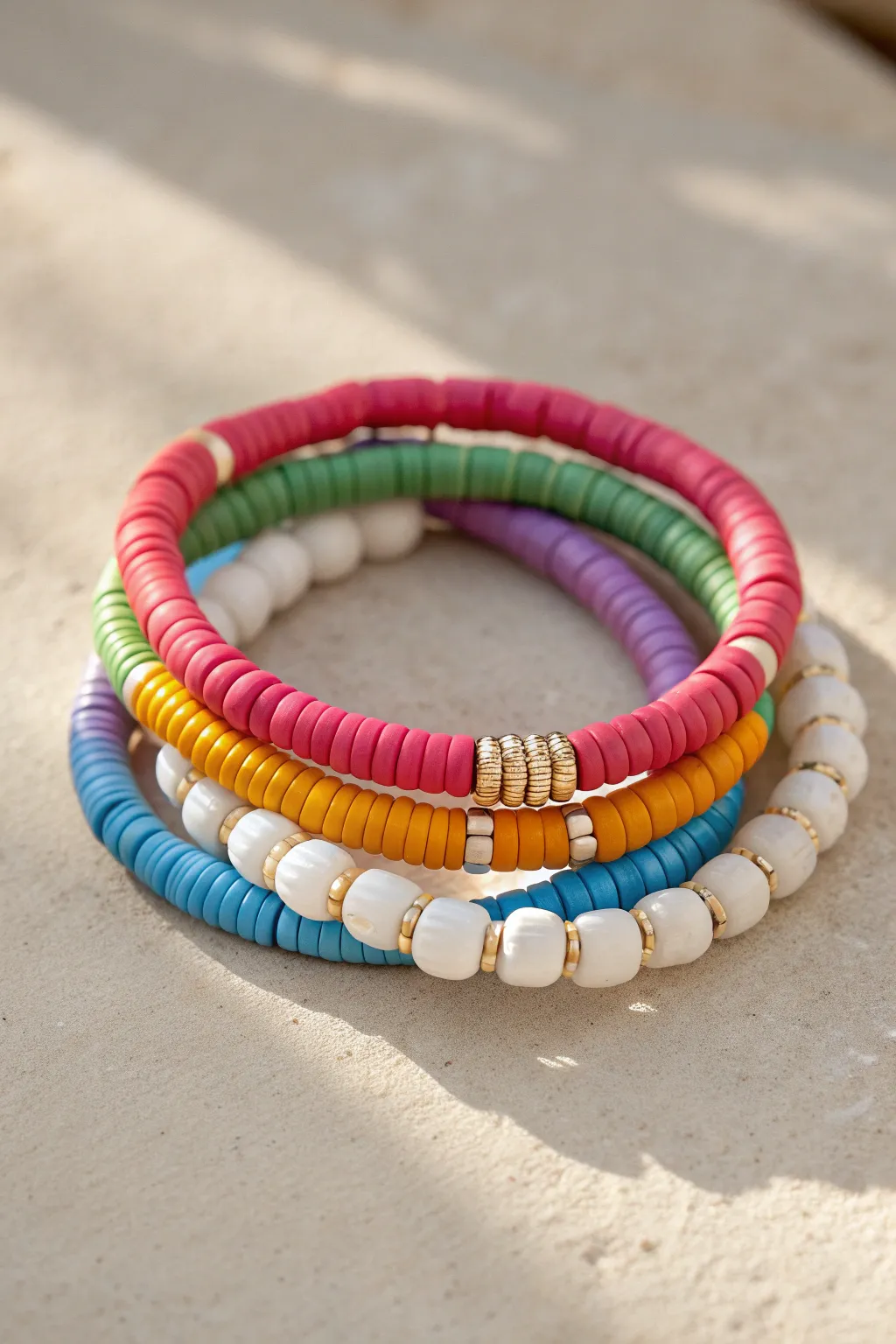 Rainbow heishi clay bead bracelet stack in soft neutrals, minimal boho, handmade charm
