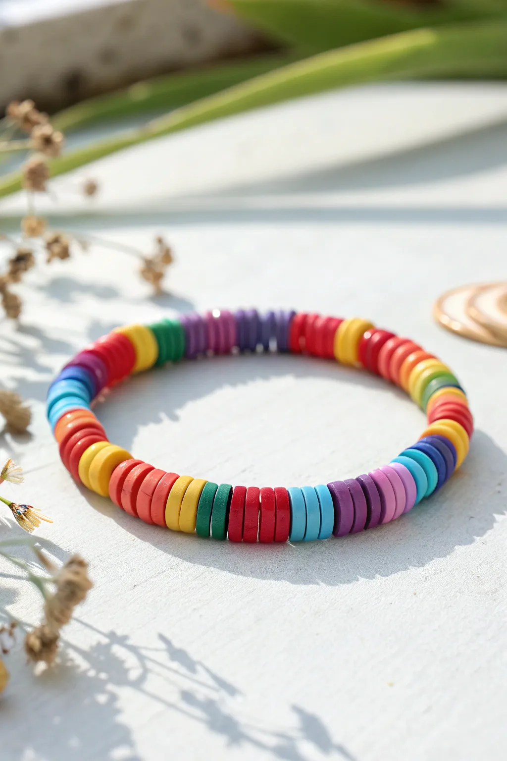 Classic rainbow heishi bracelet in a tidy circle, minimal and bright with handcrafted charm