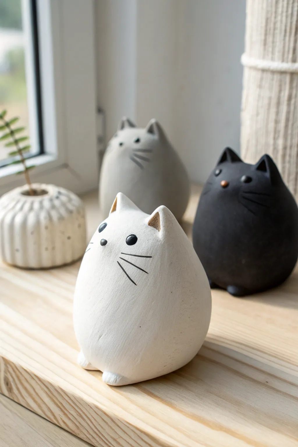 Classic clay cat loaf trio in soft neutrals, minimalist and cozy with handcrafted charm