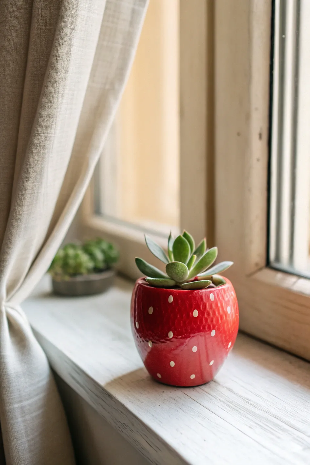 Strawberry mini planter with a tiny succulent, bright, cheerful, and perfect for small spaces.