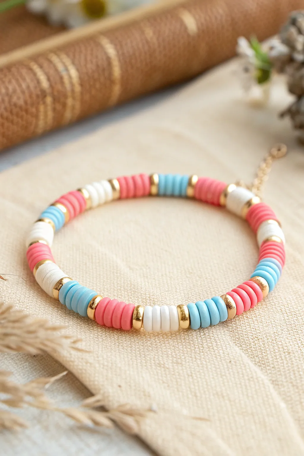 Preppy color-blocked clay bead bracelet with crisp stripes and tiny gold spacers.