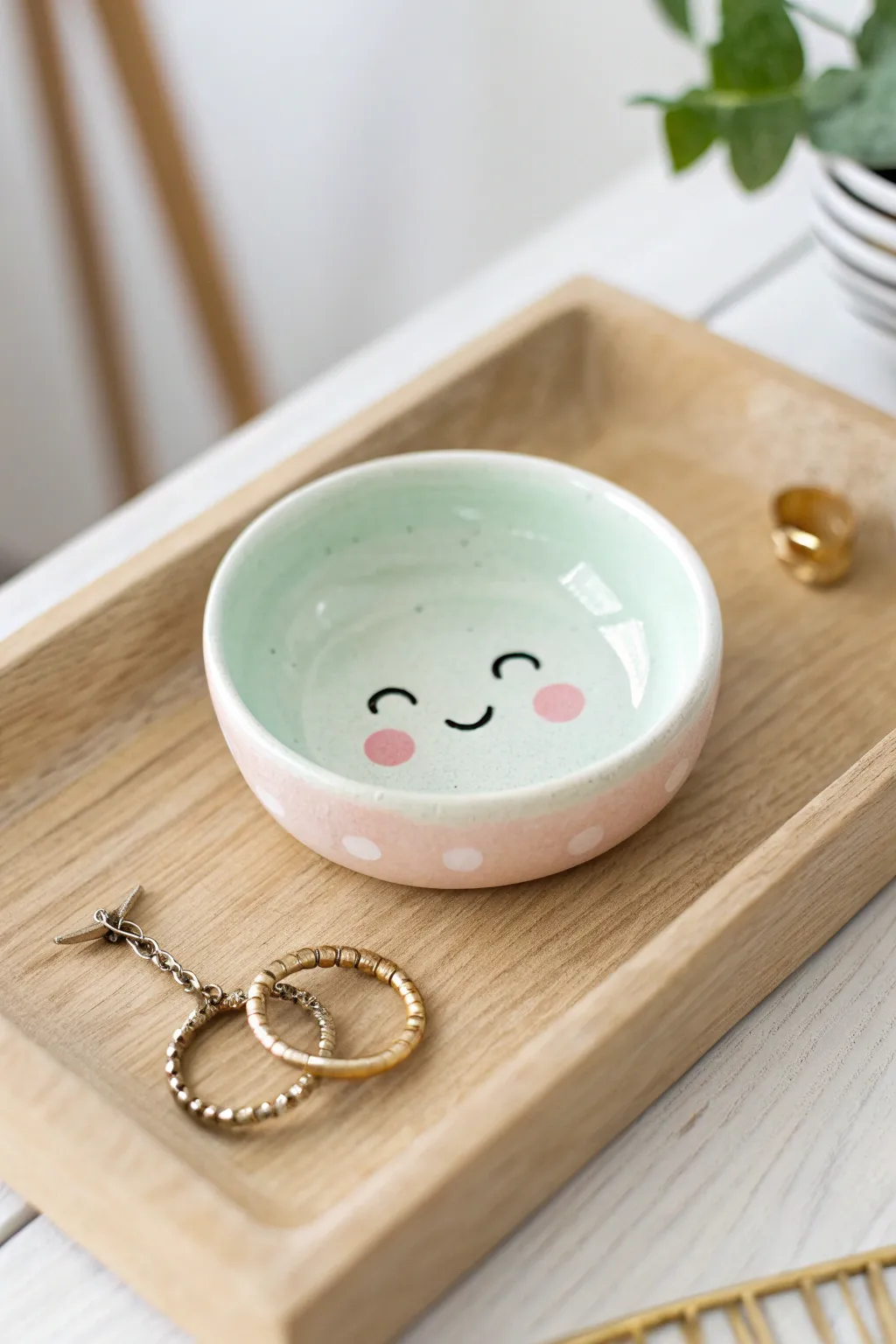 Pastel smiley trinket dish in baby pink with rings and a hair clip, minimal and cute.