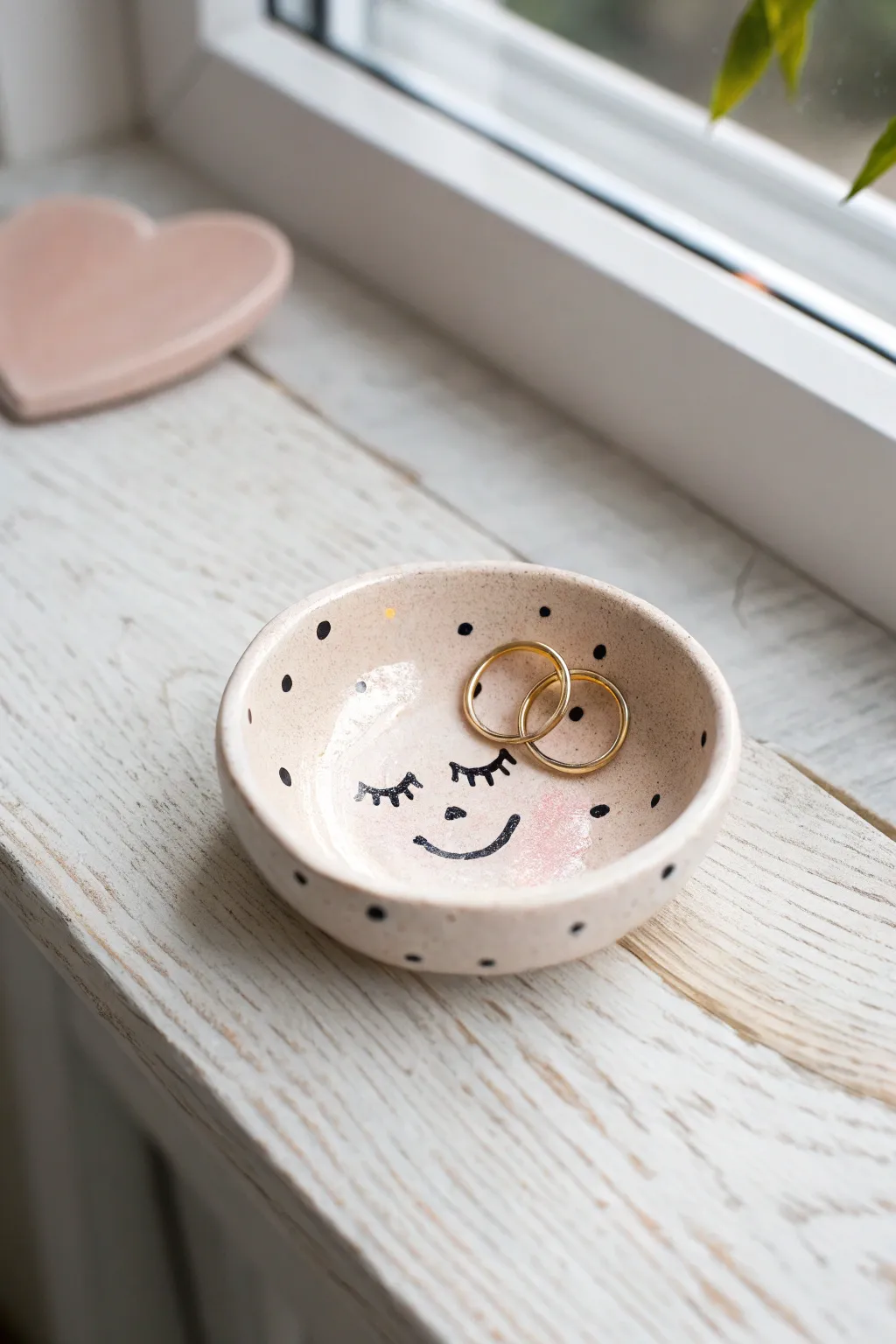 Mini trinket dish with a sweet face, soft glaze, and a couple of rings on light wood