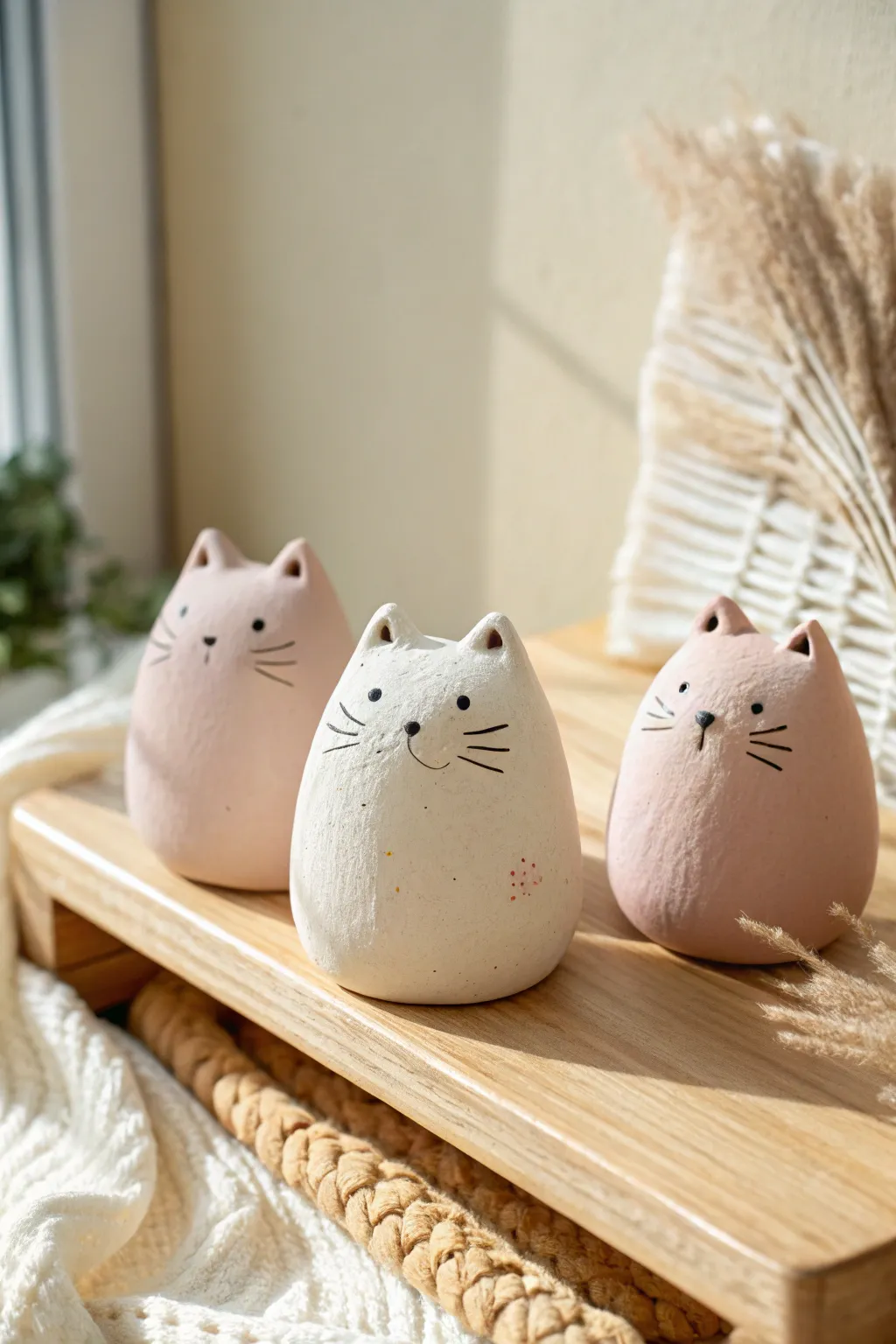 Chubby pastel clay cat loafs with dot eyes and blush cheeks, a cozy minimalist shelf scene