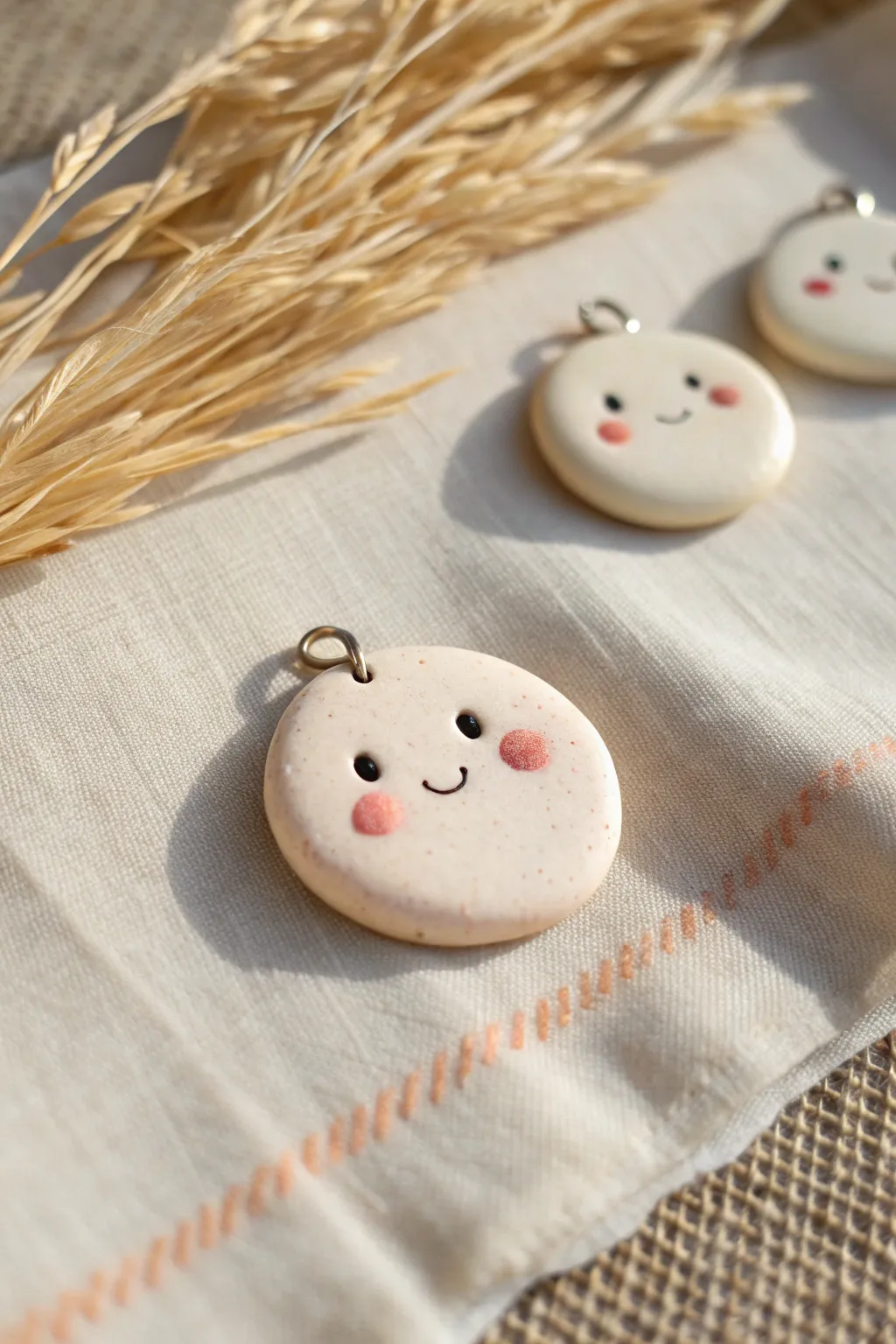 Sweet beginner-friendly kawaii clay charm with blush cheeks, styled minimal on neutral linen.