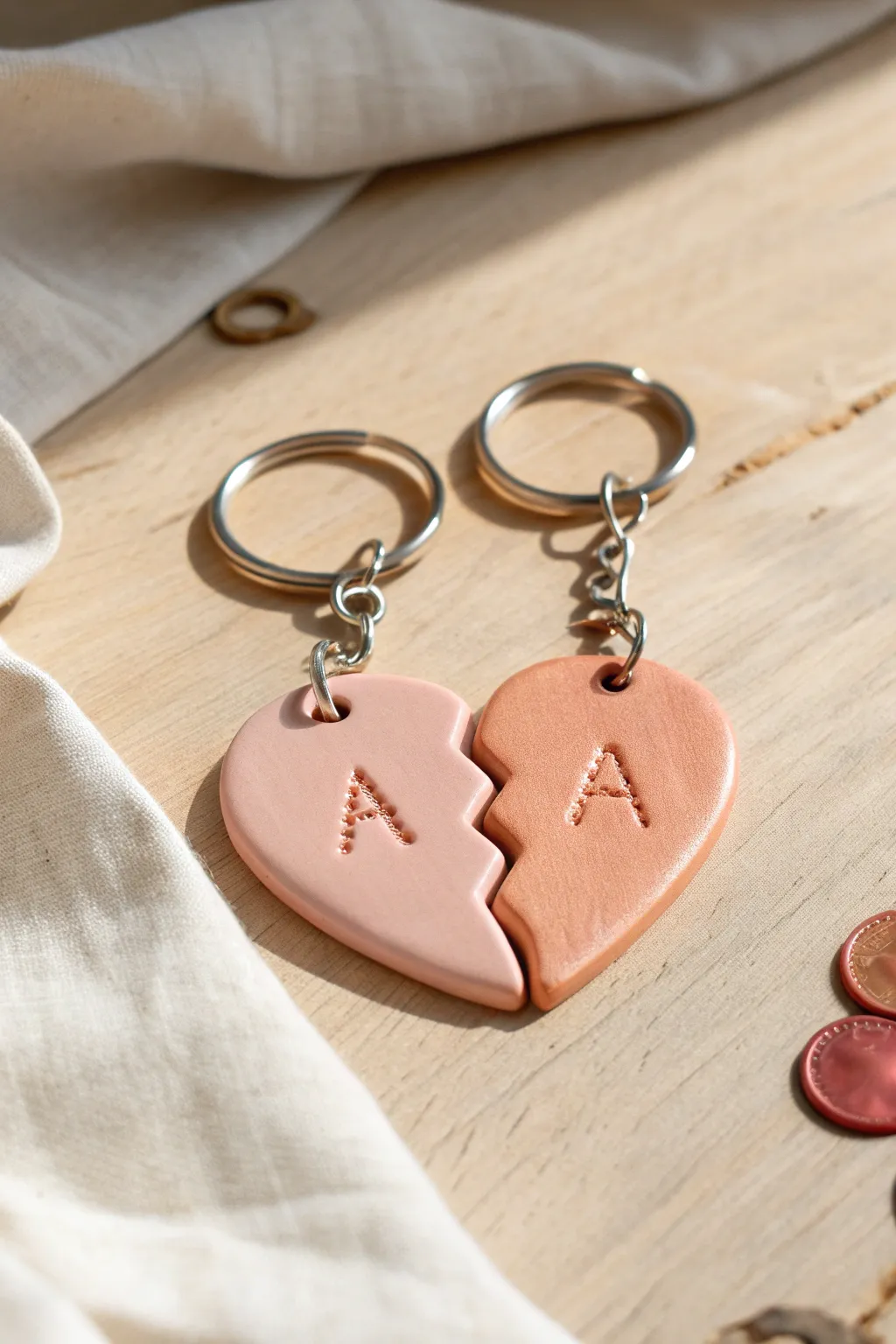 Make split heart clay keychains with initials, a sweet handmade gift for your boyfriend.