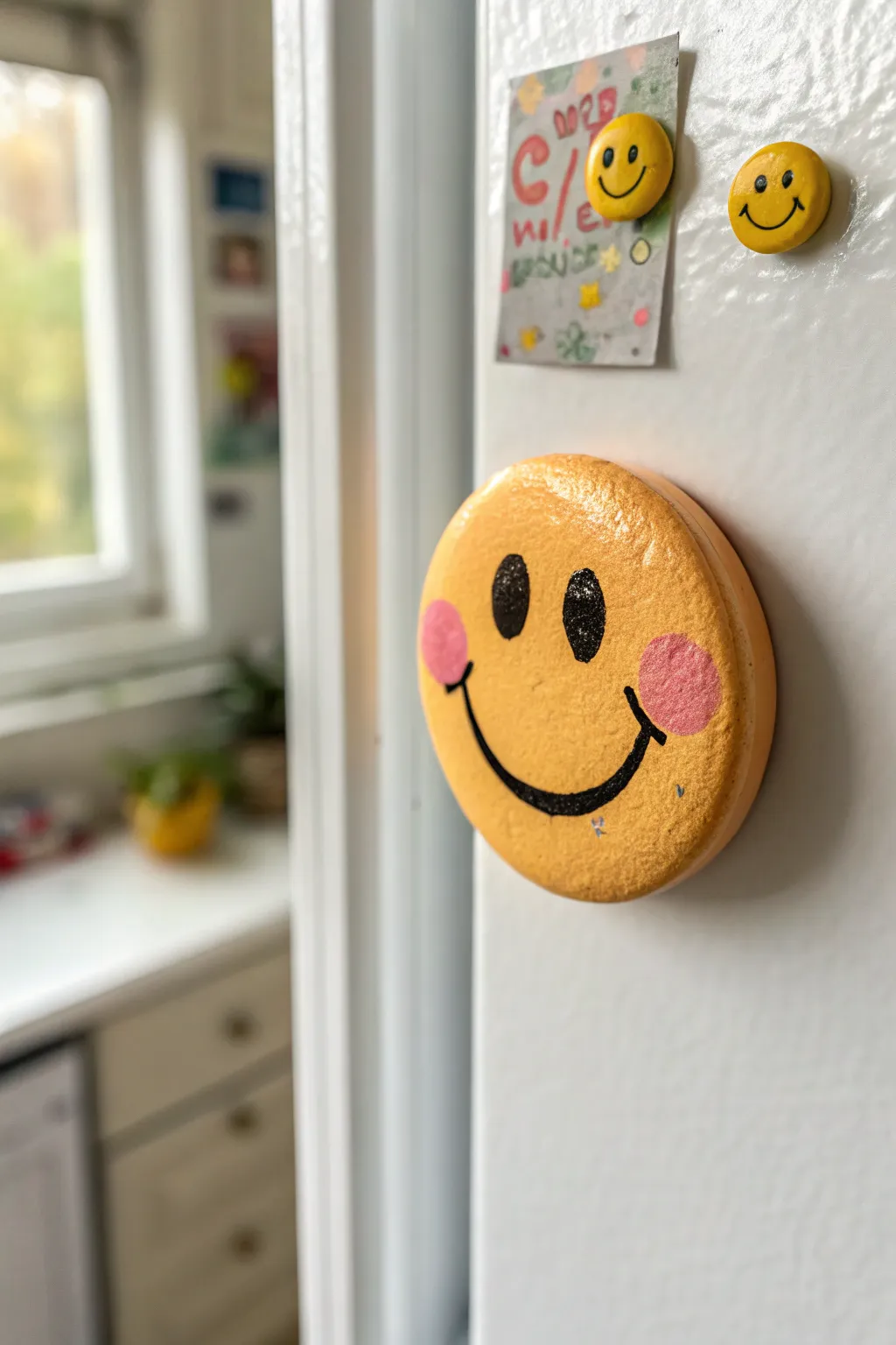 Cheerful smiley clay mini magnet with rosy cheeks, perfect kid-friendly fridge decor.