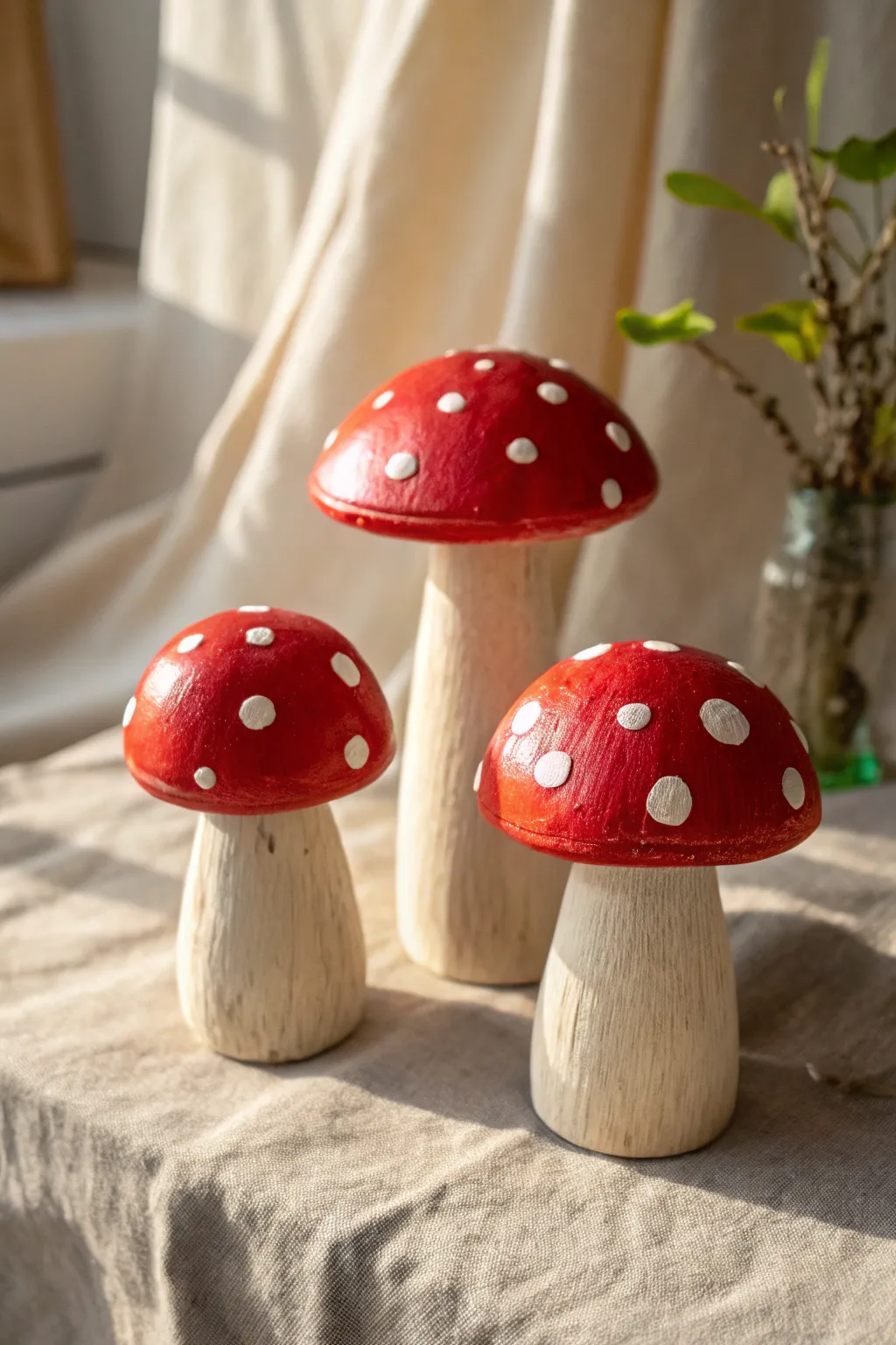Classic red and white toadstool minis, a simple trio of cute clay mushrooms for decor.