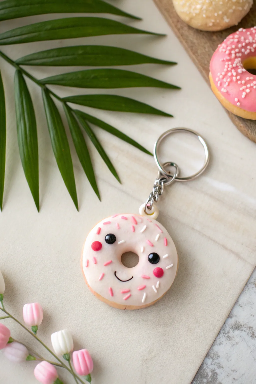 Pastel smiling mini doughnut charm with chunky sprinkles, a sweet and simple clay keychain idea.
