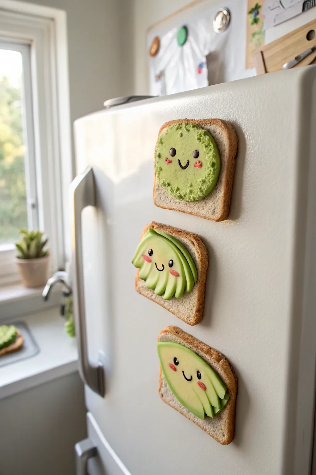 Cute smiley avocado toast clay magnets that add a playful, minimalist pop to your fridge