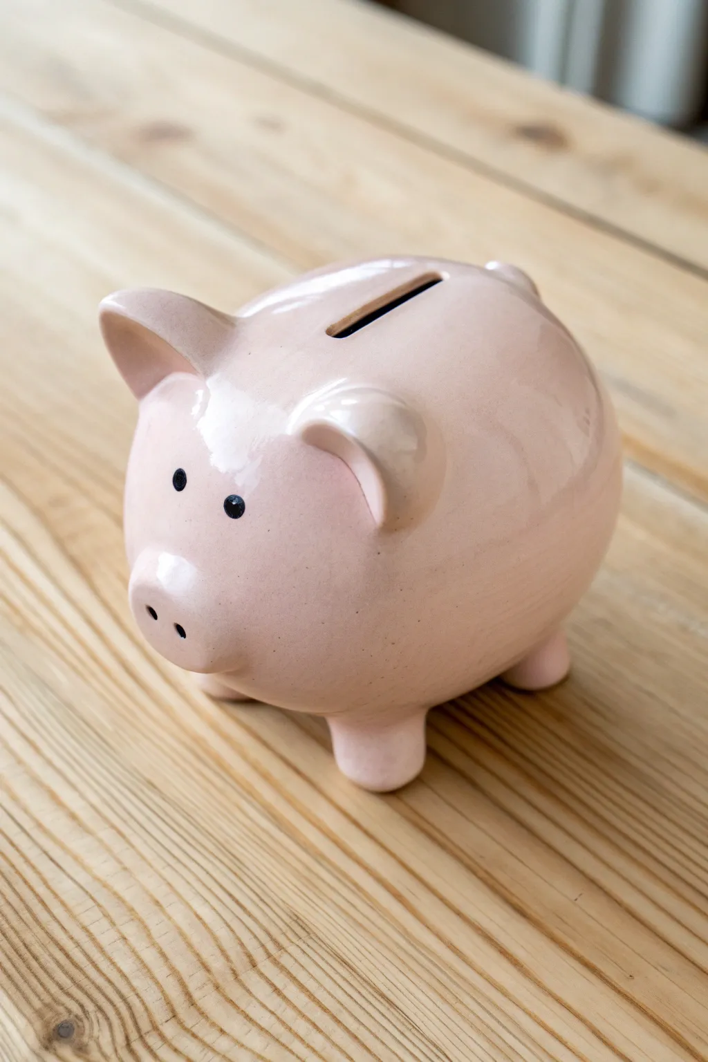 Classic round blush-pink clay piggy bank with button snout, minimal and handmade on oak