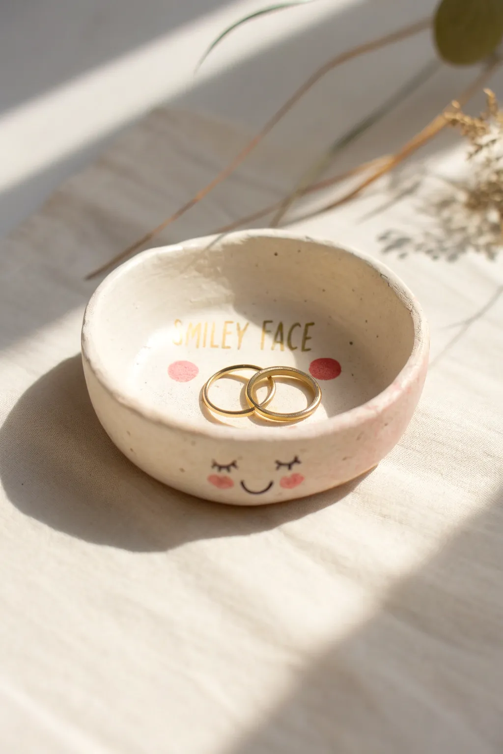 Sweet smiley pinch pot dish for rings and tiny treasures, minimal, cozy, and handmade