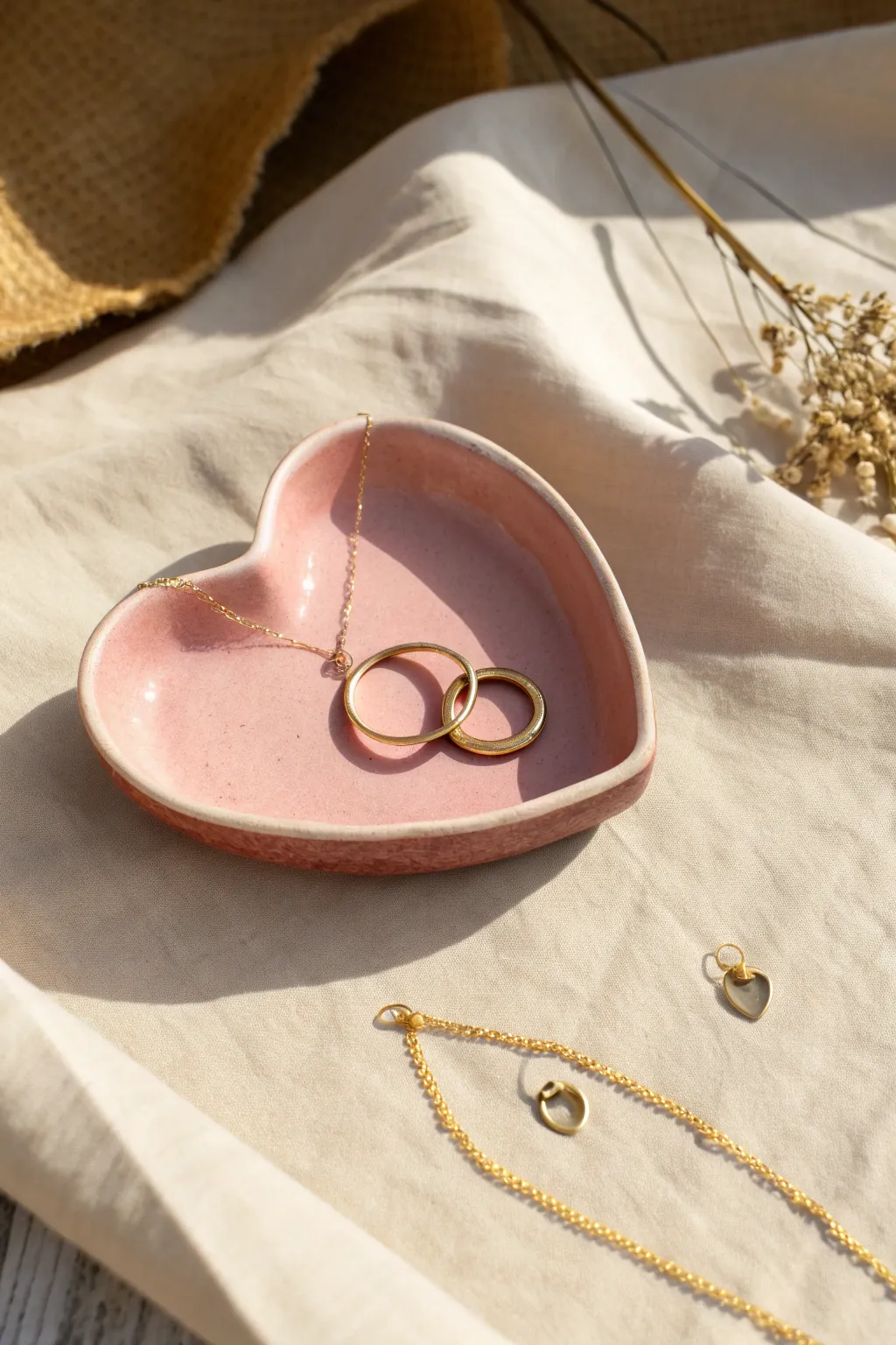 Blush heart trinket plate with delicate jewelry, minimalist boho charm for a soft neutral space