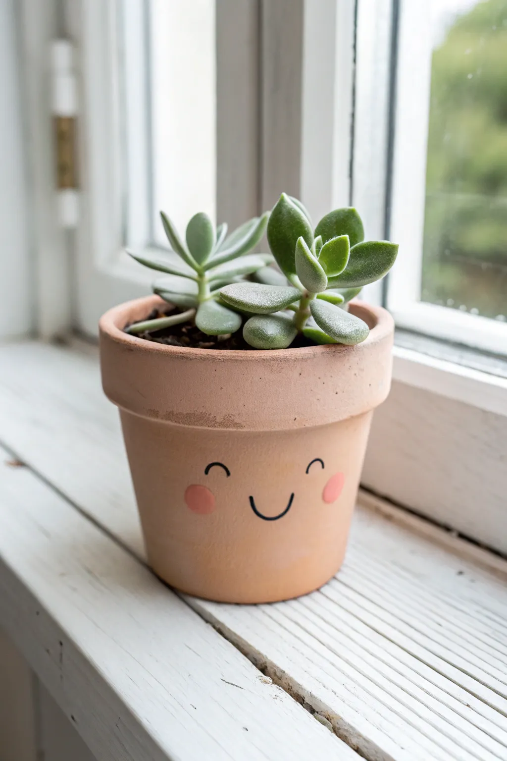 Smiley mini clay planter with rosy cheeks and a chubby succulent, bright and minimalist