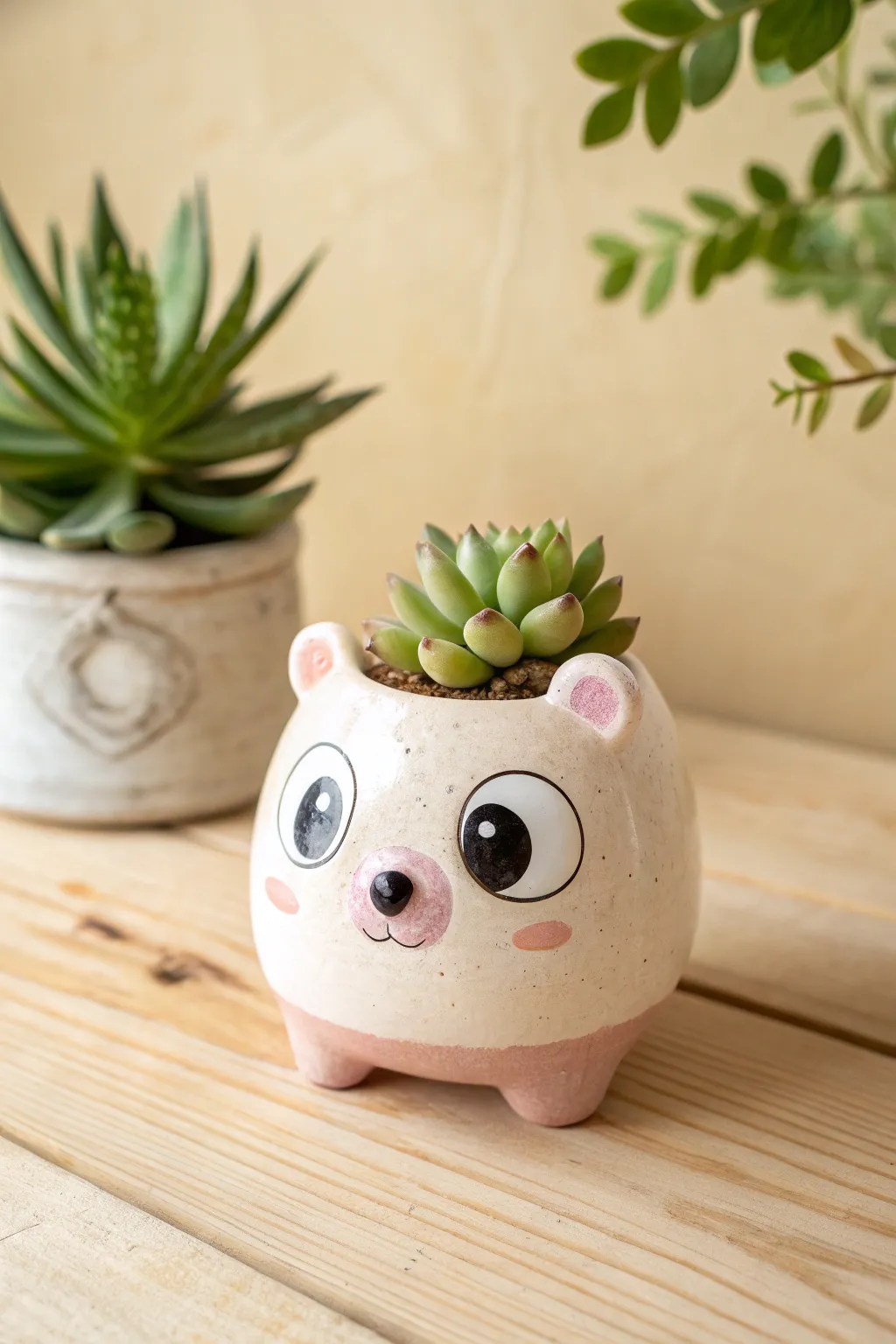 Adorable bear planter with succulent hair, pastel glaze, and cozy minimalist boho vibes.