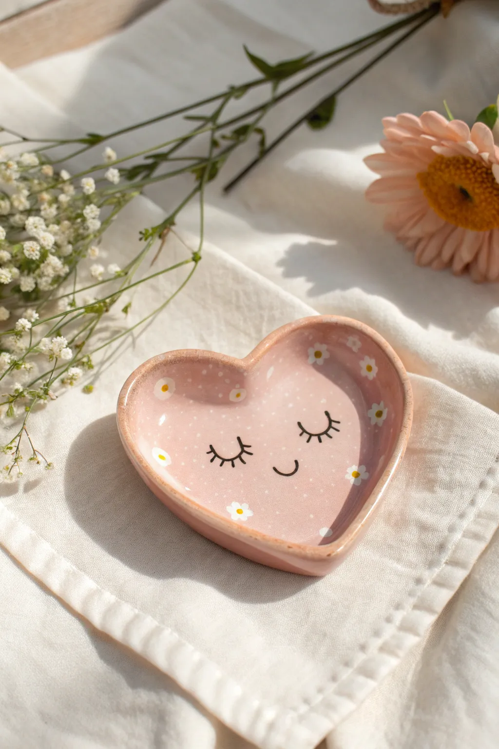 A glossy pastel smiley ring dish, simple and sweet, perfect for minimalist boho decor.