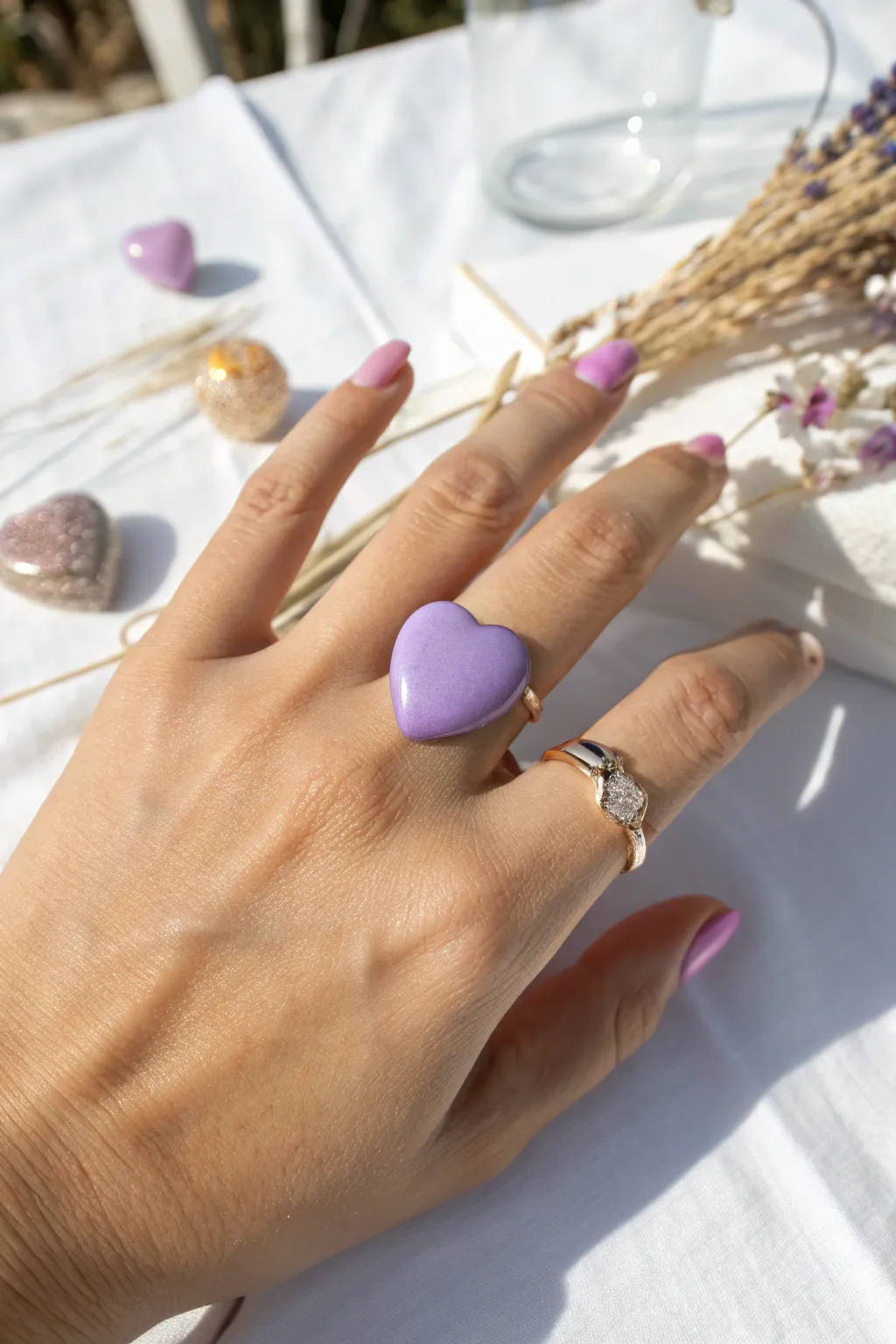 Pastel heart dome ring with simple stacks, a sweet minimalist clay look for everyday wear