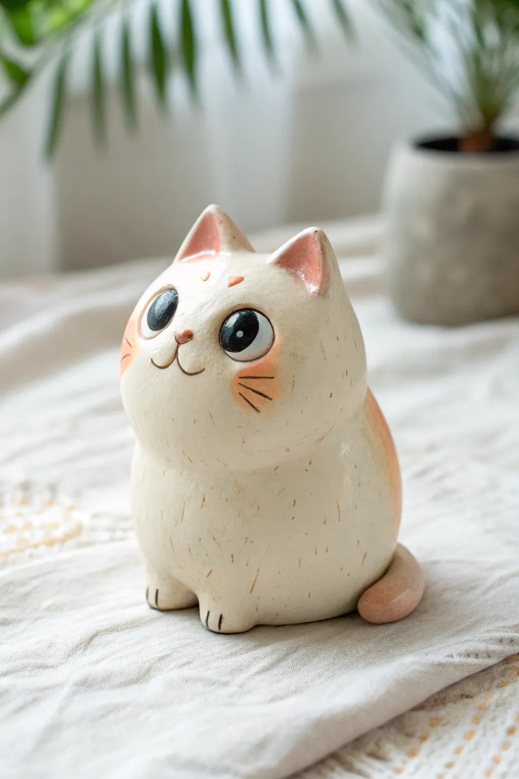 A chubby pastel chibi cat with big eyes and blush cheeks, minimalist and irresistibly cute.