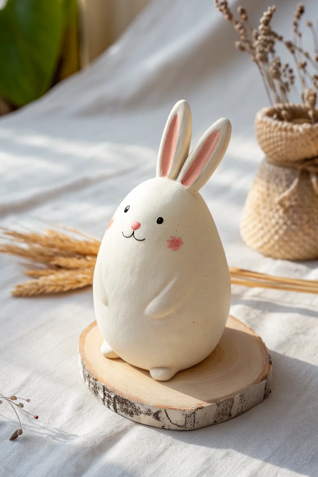 Chubby little clay bunny with tiny ears and rosy cheeks, simple to make and irresistibly cute.