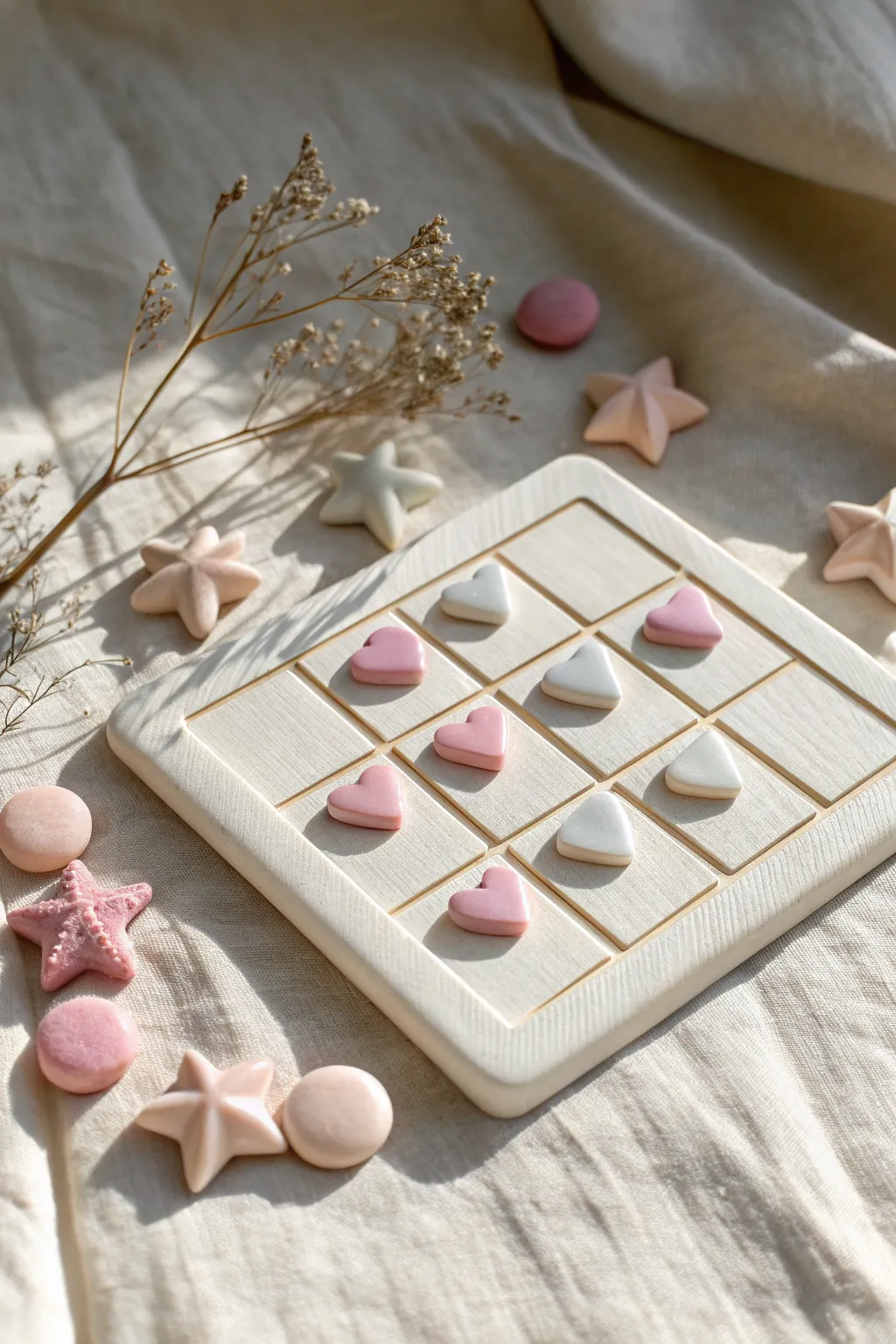 Pastel heart and star clay tic tac toe set with a sweet minimalist, handmade look