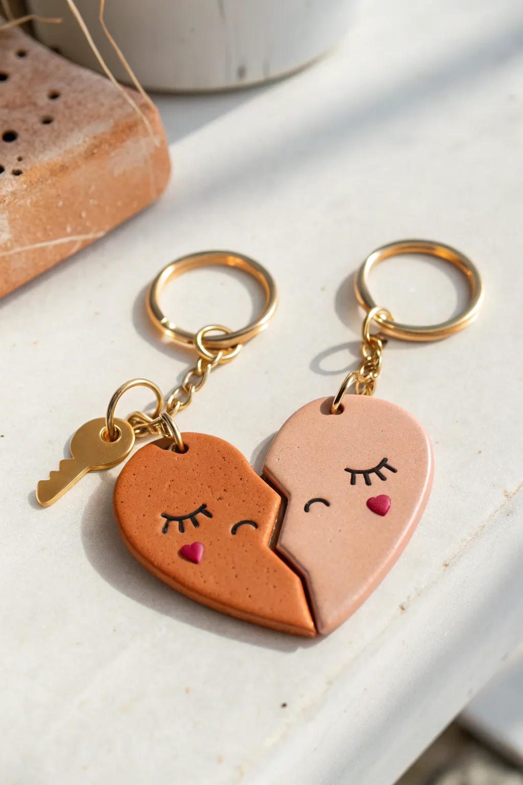 Sweet split-heart clay keychains for couples, minimalist handmade charm in soft blush tones