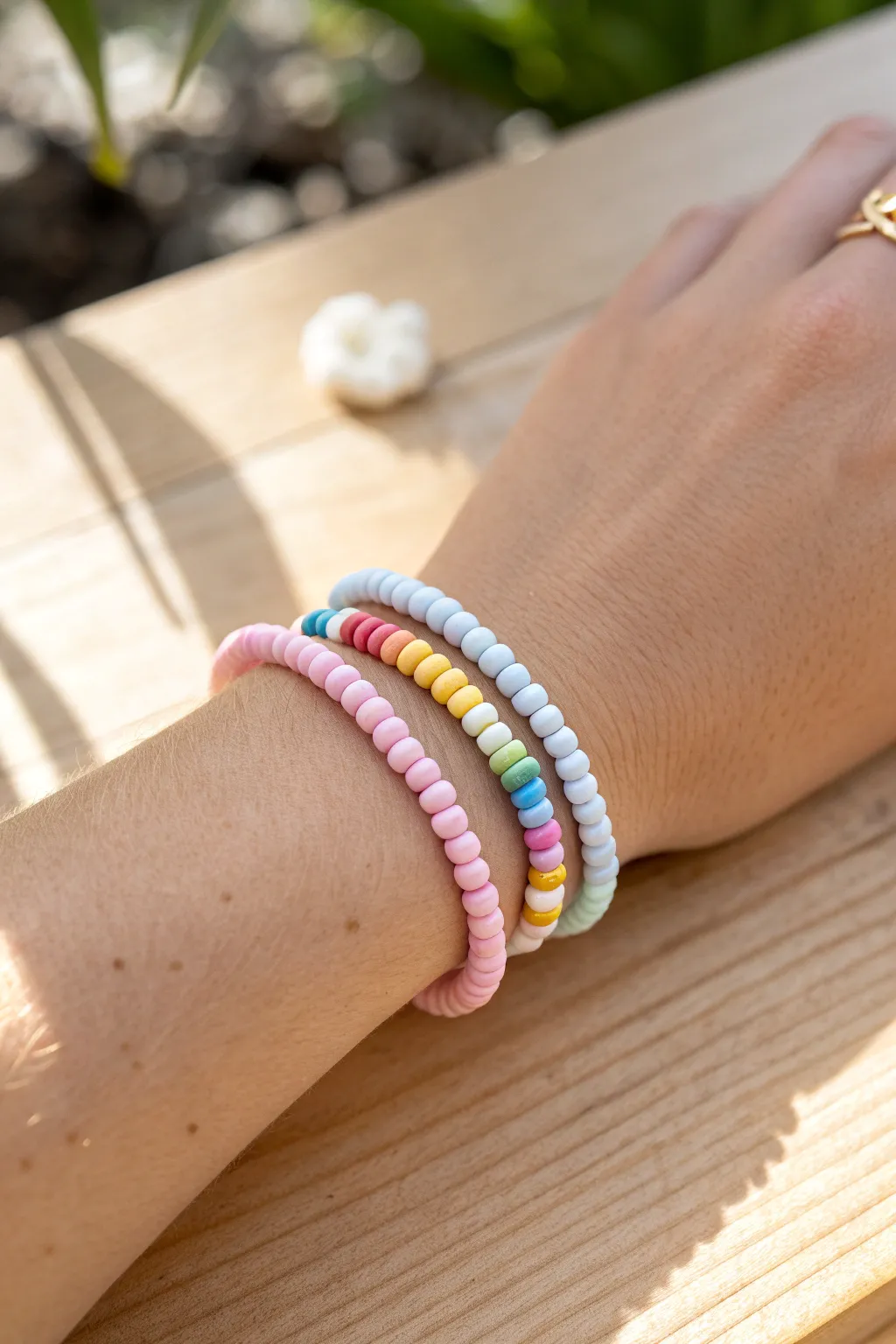 Classic rainbow heishi stack: three cute clay bead bracelets in bright, pastel, and white-break hues