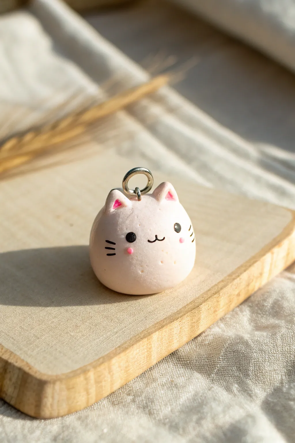 Chubby pastel cat mini charm with a kawaii face, minimal handmade clay cuteness for your next idea
