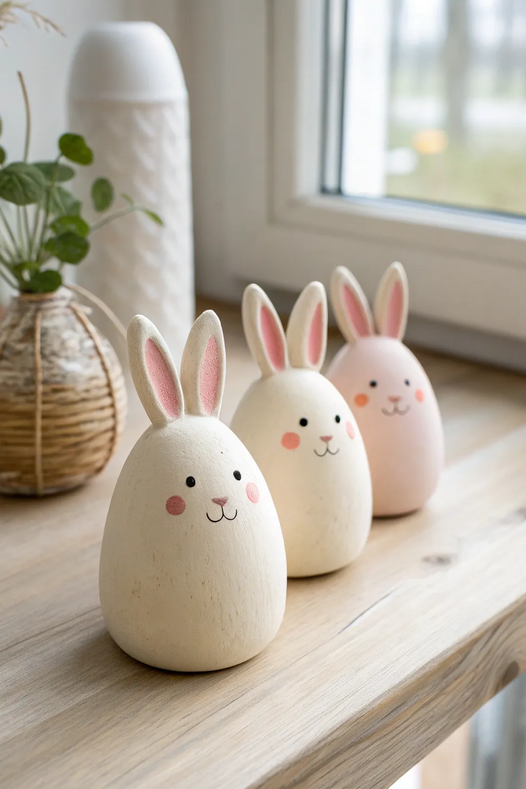 Tiny chubby pastel bunnies with dot eyes and blush cheeks for the cutest easy clay idea