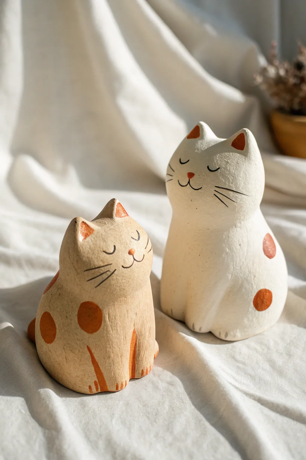 Cute chubby cat blob figurines in soft clay tones, simple faces, perfect beginner project.