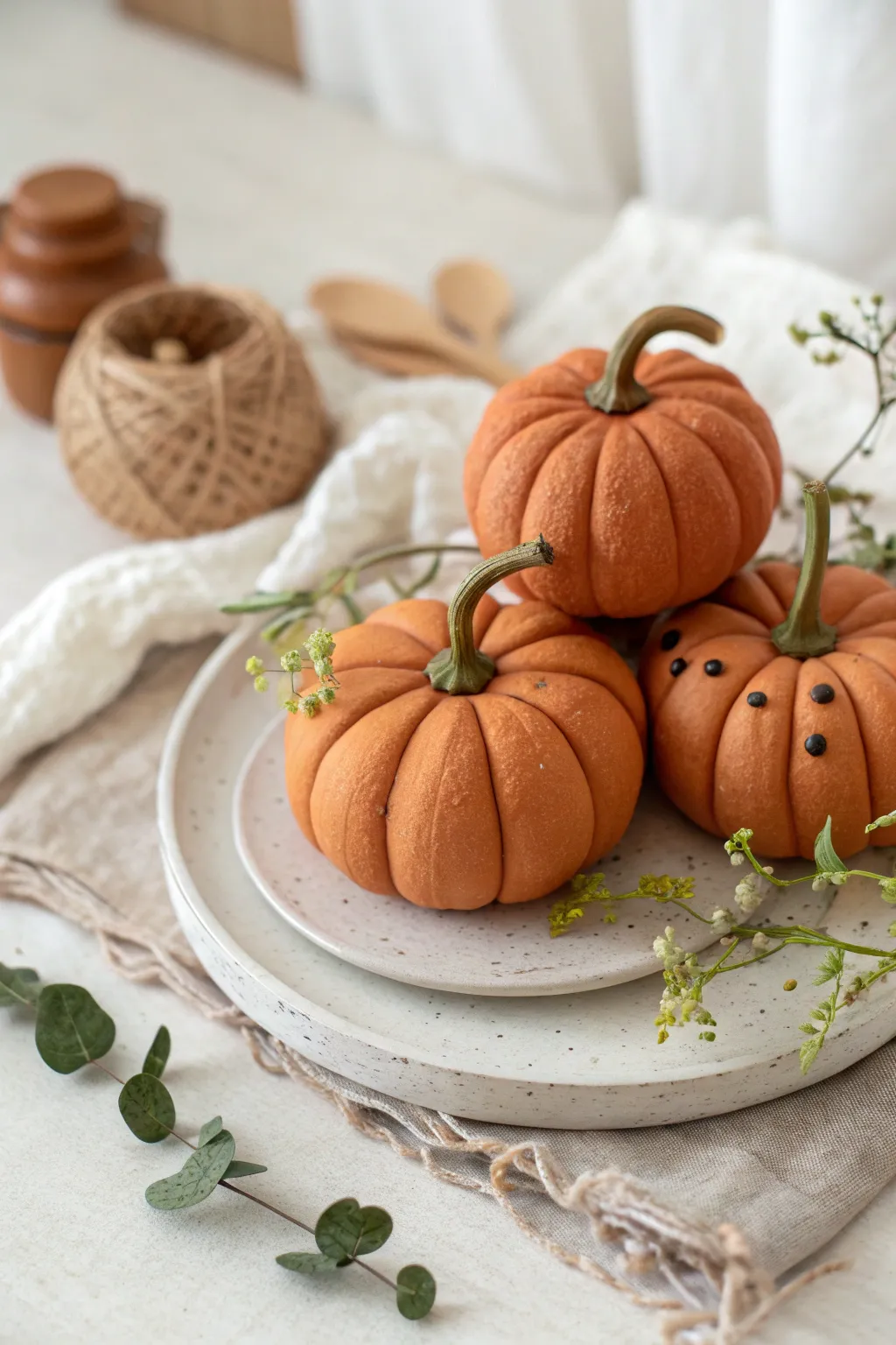 Mini pumpkin patch trio in burnt orange clay, minimalist fall decor with playful dot eyes.