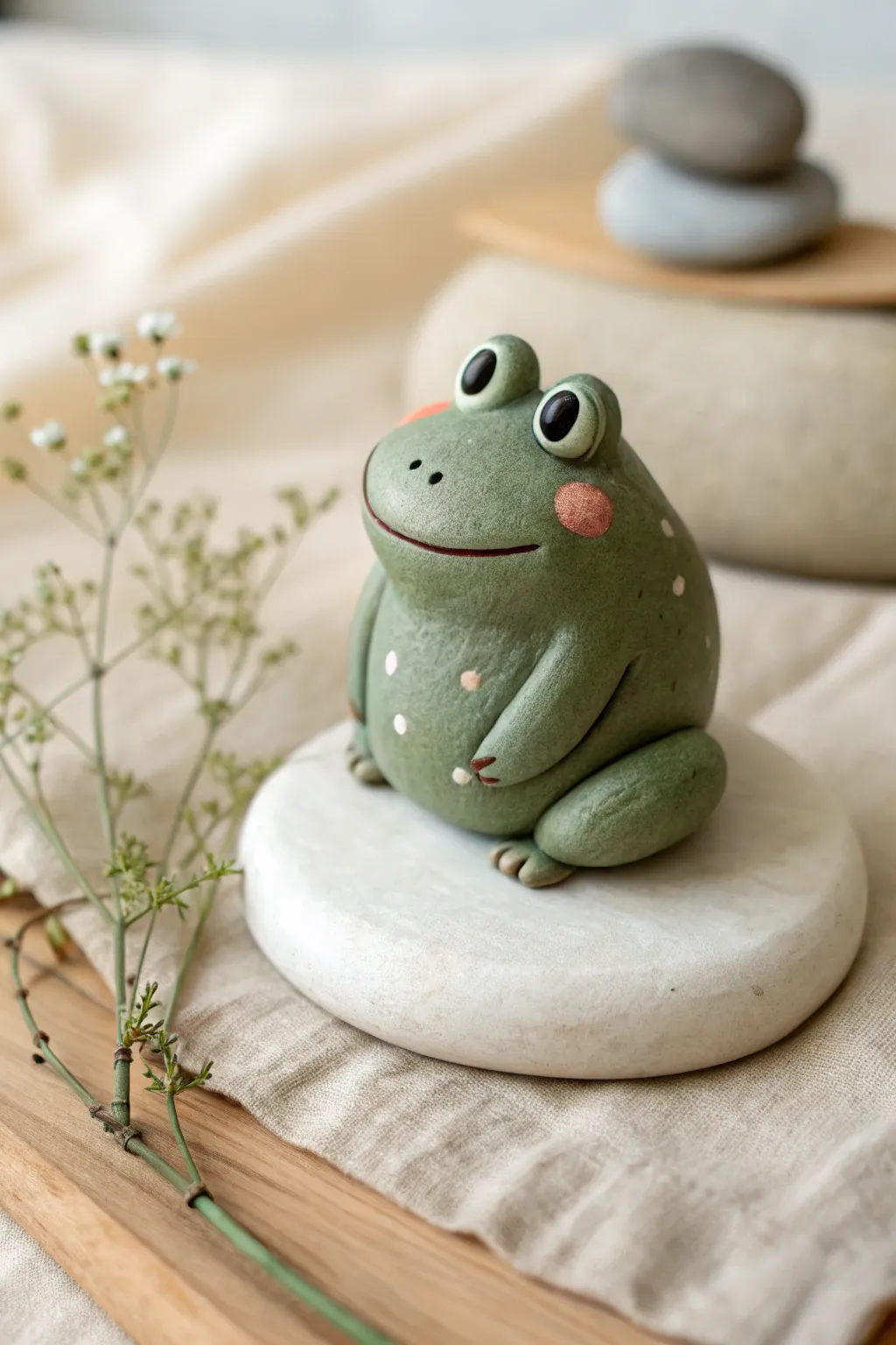 Classic chubby frog figurine in soft sage green, rosy cheeks, and glossy eyes, sweet and minimal.