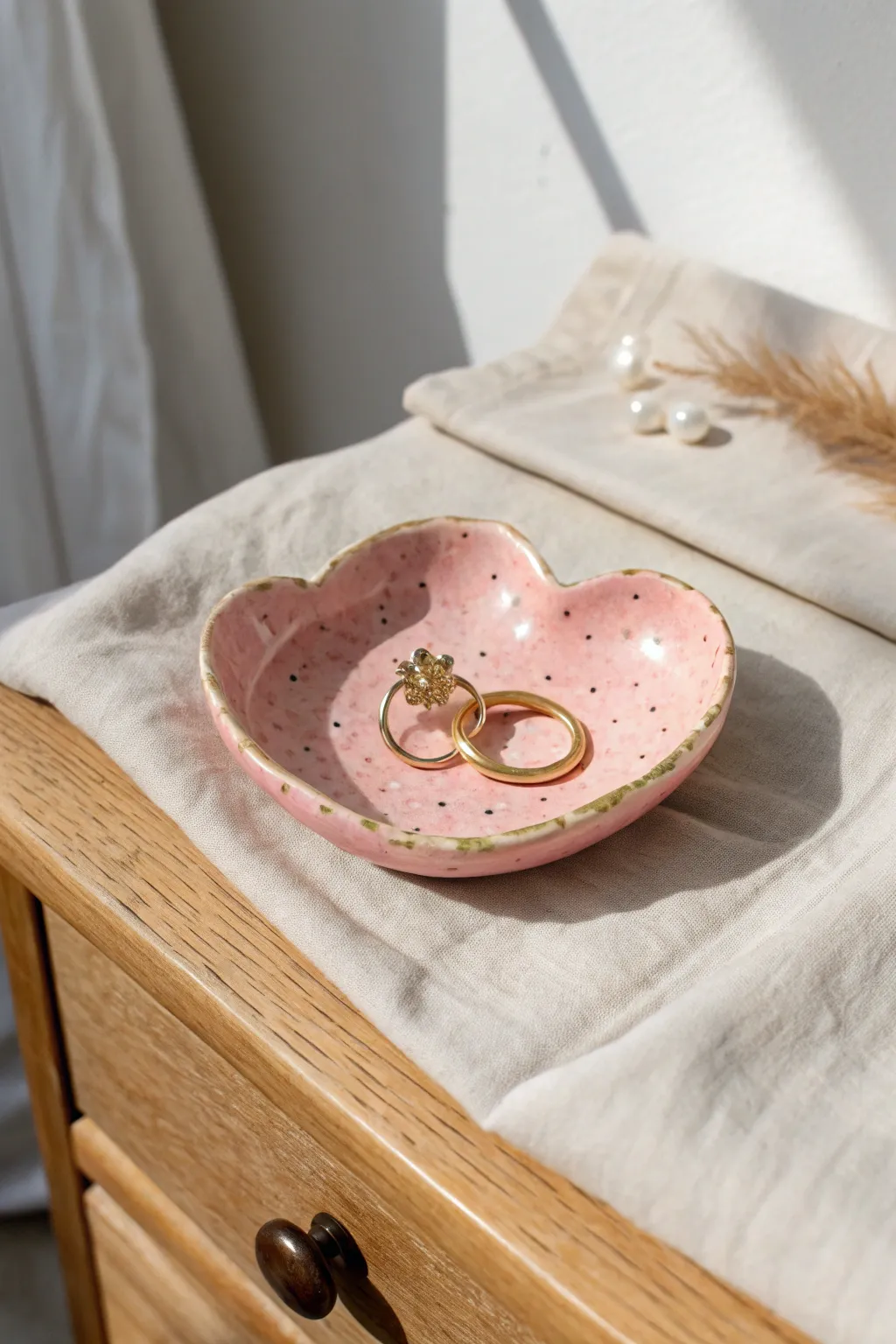 Pastel strawberry ring dish with tiny treasures, a cozy minimalist bedside accent.