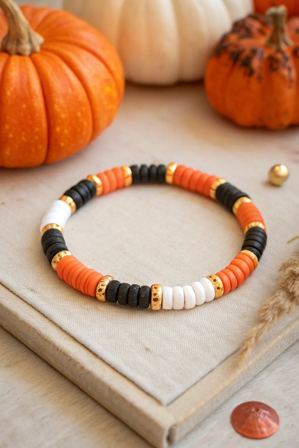 Classic orange, black and white clay heishi bracelet with gold accents, perfect for Halloween.