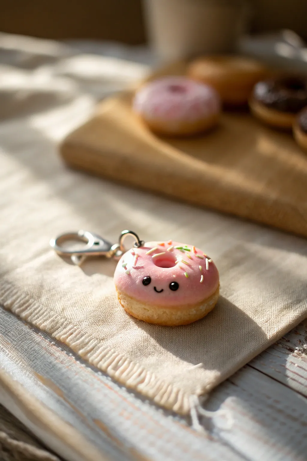 Pastel mini donut charm with a kawaii face, sweet and simple inspiration for mini clay food charms