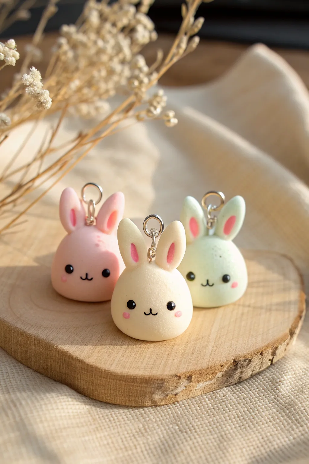 Three pastel kawaii bunny charms with sweet ear poses—minimal, handmade, and irresistibly cute.