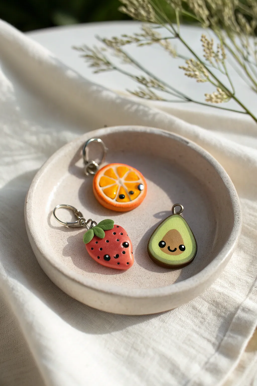 Tiny clay fruit charms with sweet faces, styled in a minimalist Scandinavian flat lay.