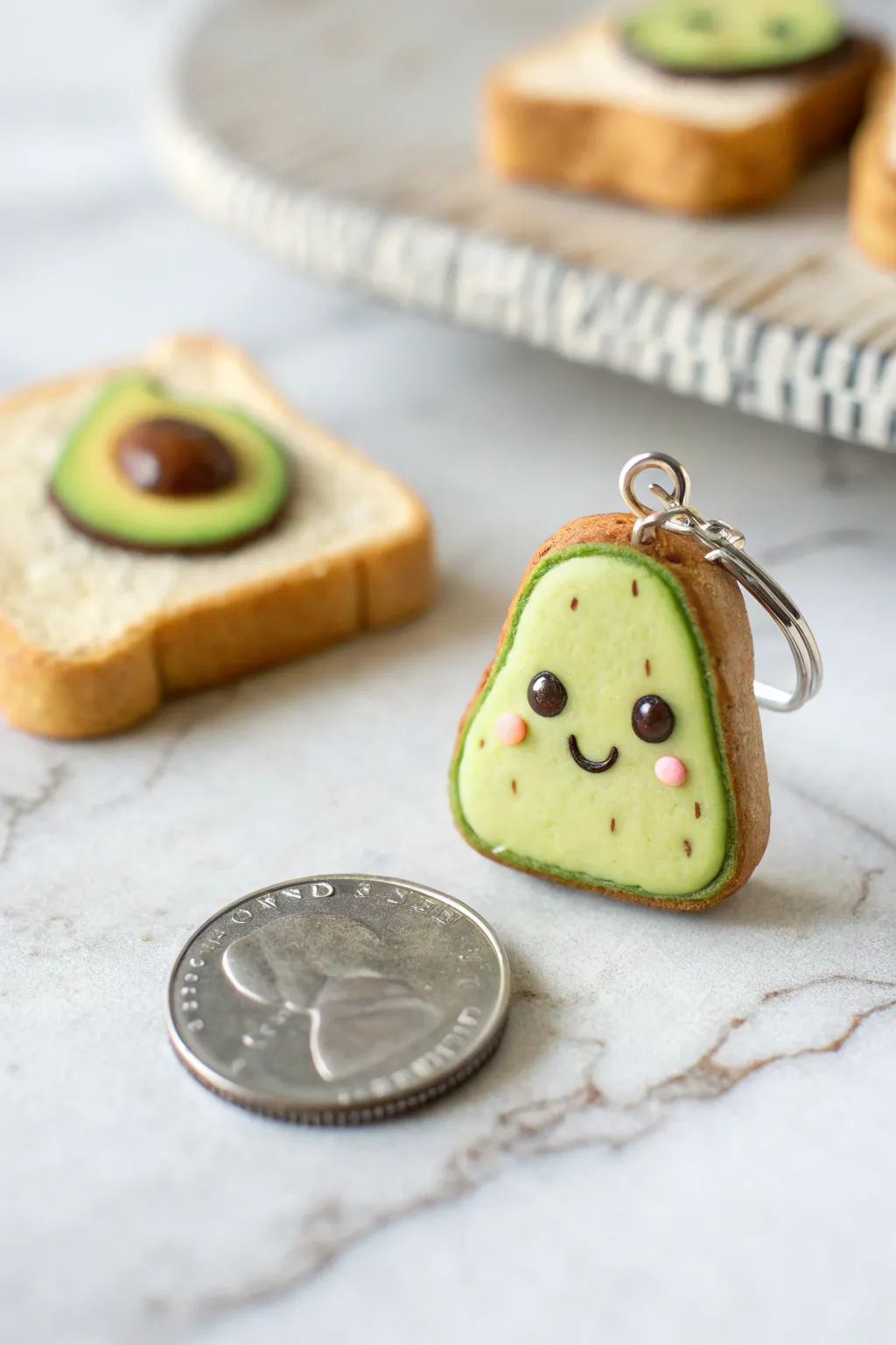 Tiny kawaii clay food charms with smiley faces, styled minimal and sweet, with coin for scale.