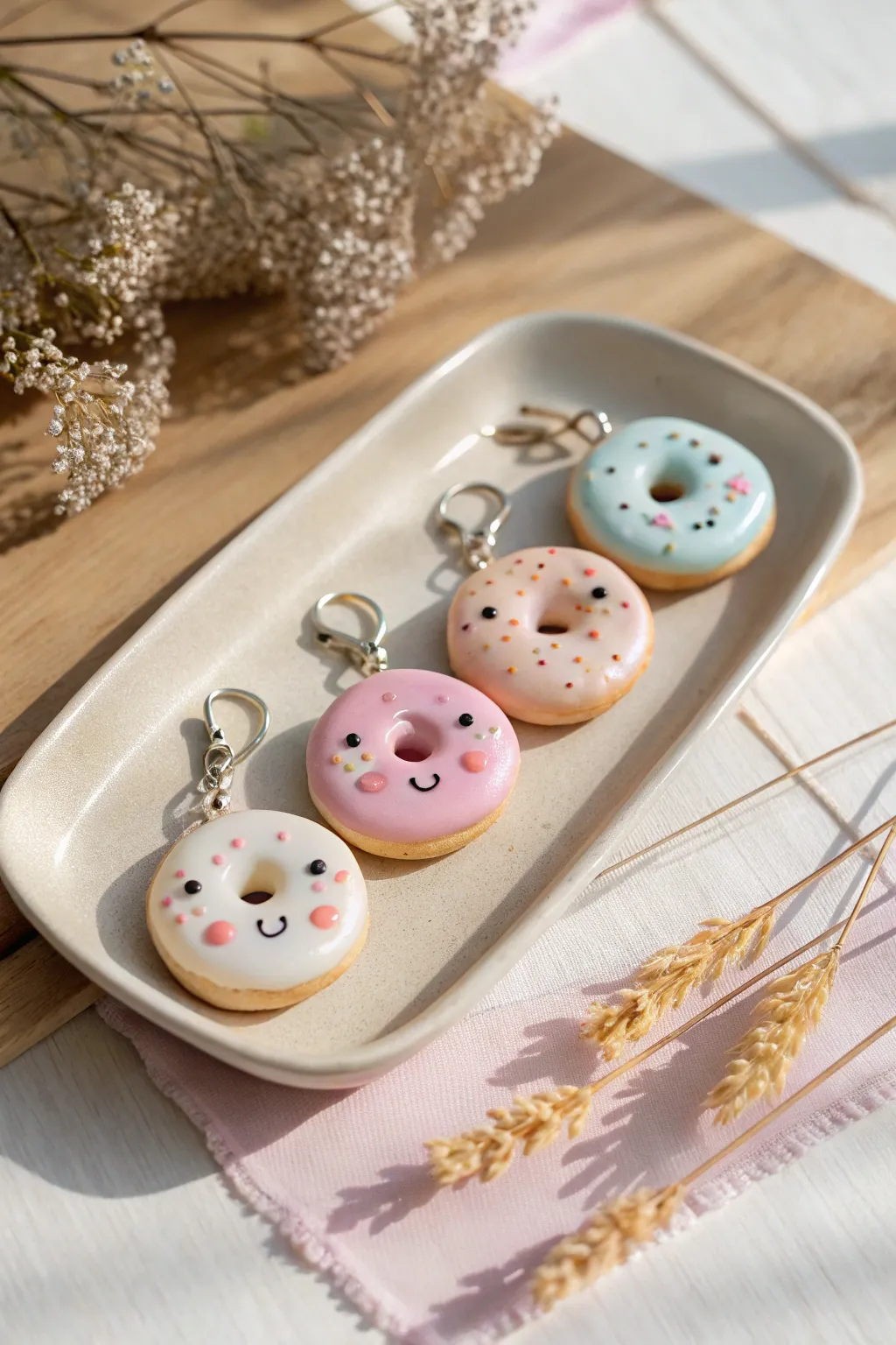 Pastel kawaii donut charms with sweet faces, lined on a minimalist dish for collectible vibes