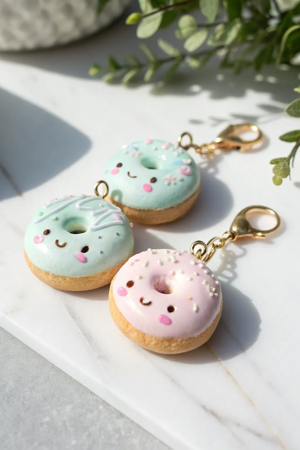 Mini donut charm trio with pastel icing and kawaii faces, a cute oven bake clay idea