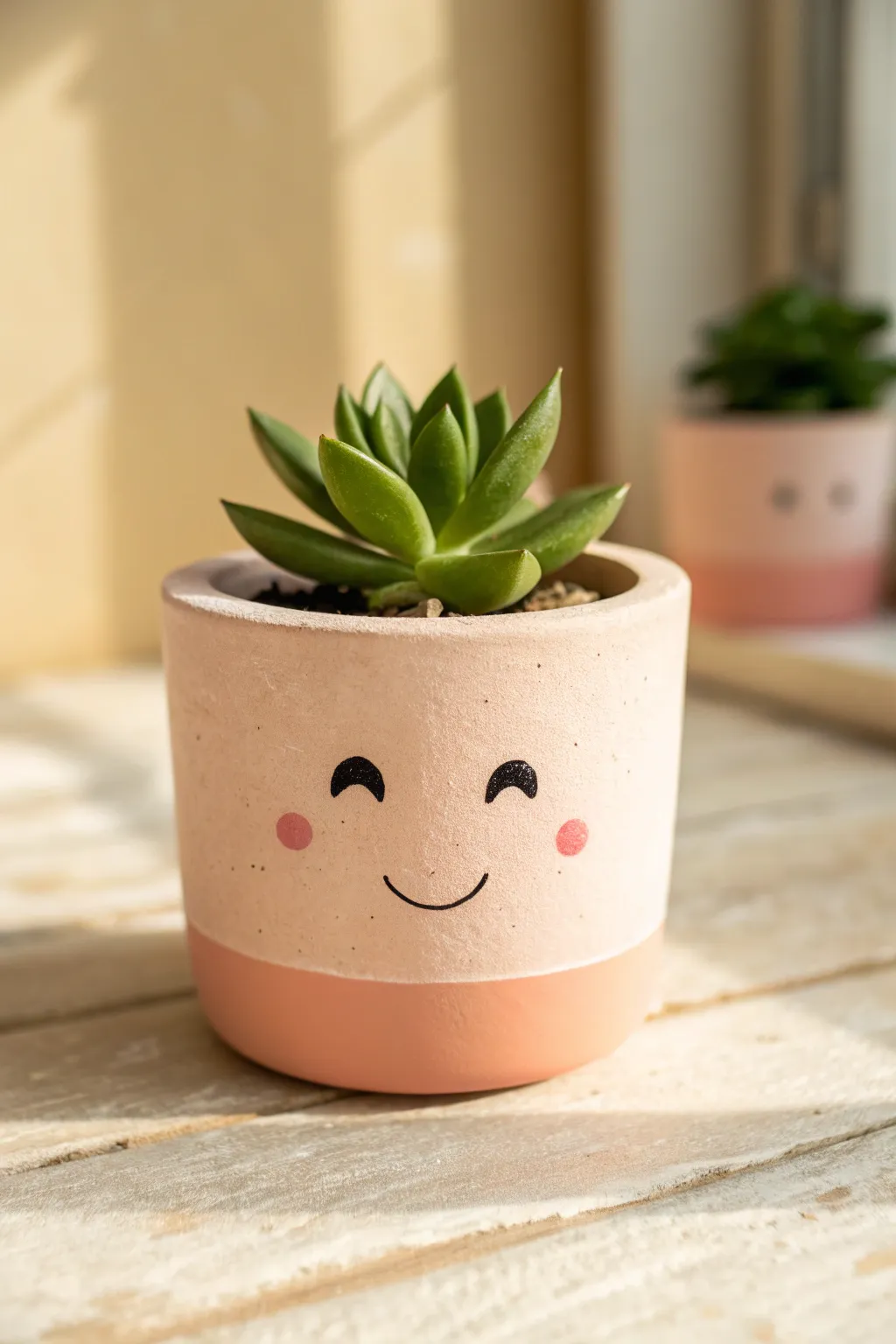 Simple smiley pastel pot with blush cheeks and a tiny succulent for cheerful minimalist decor
