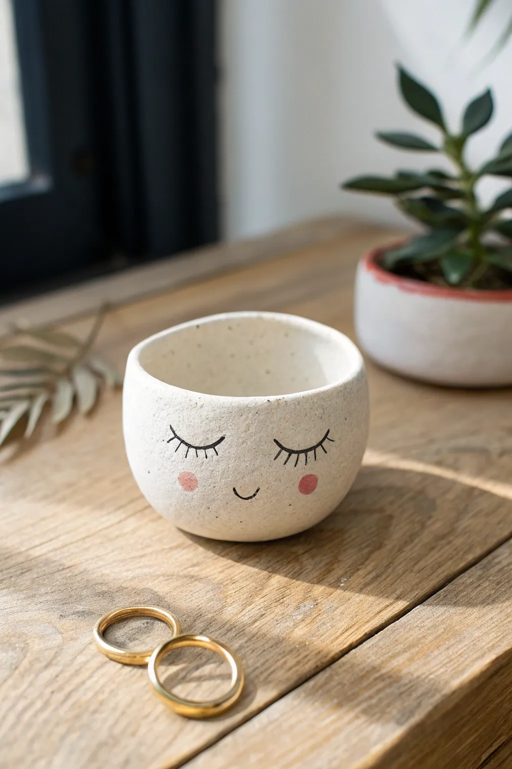 Sleepy face trinket pinch pot with rosy cheeks, styled simply on wood with delicate rings.