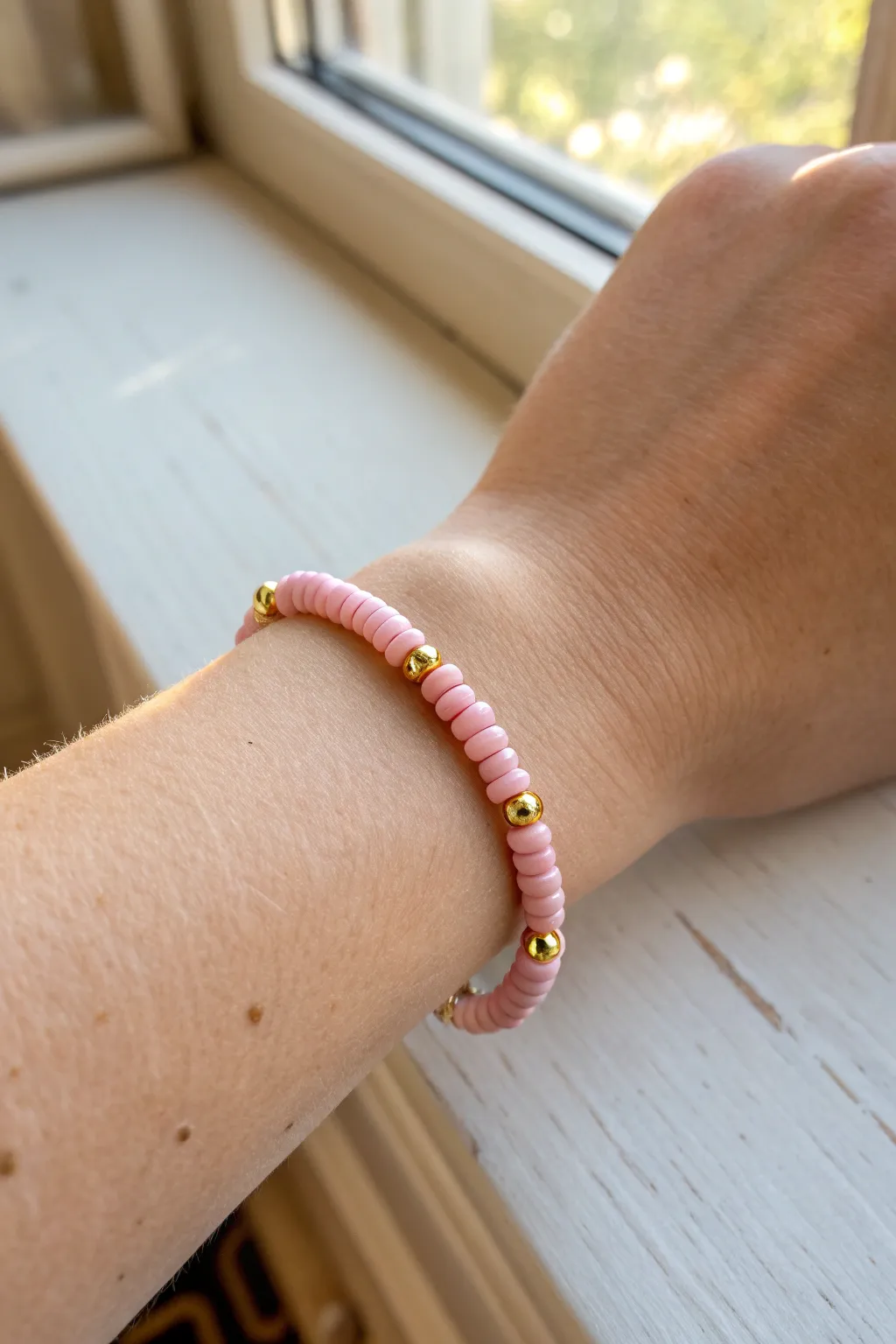 All-pink heishi bracelet with gold spacers, minimalist and sweet for everyday stacking.