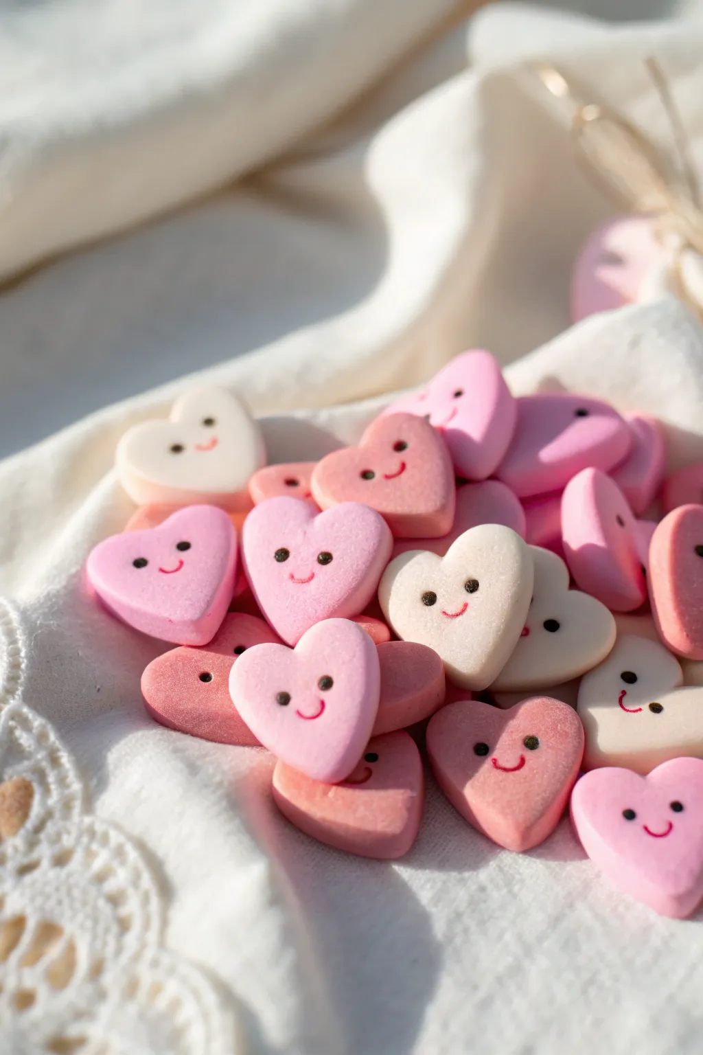 Tiny puffy pink heart charms with sweet faces, perfect for keychains, earrings, or gifts.