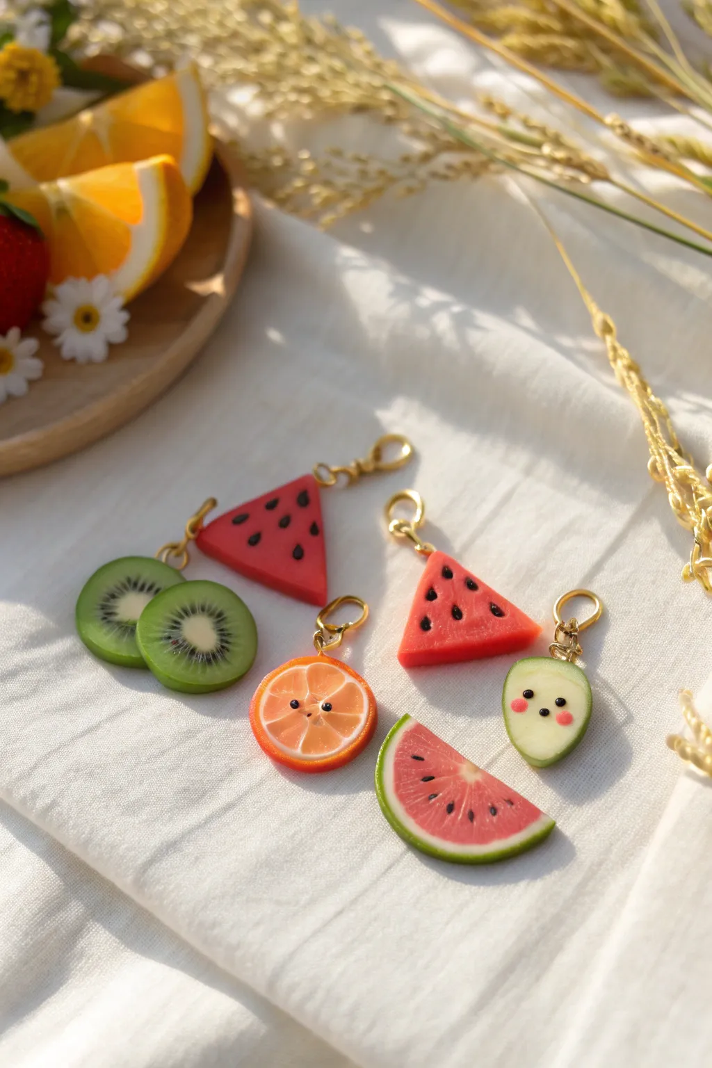 Bright, smiling polymer clay fruit slice charms in a sunny minimal flat-lay for cute DIY accessories